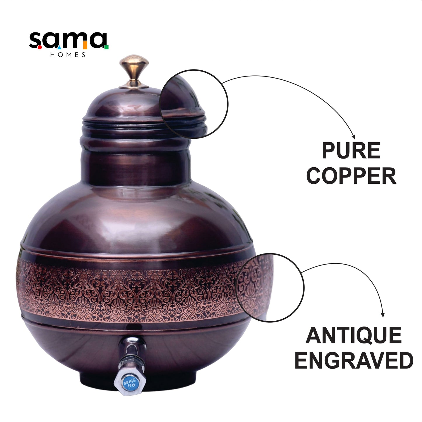 Pure Copper Water Dispenser Antique Engraved Ghada/Pot Capacity - Sama Homes