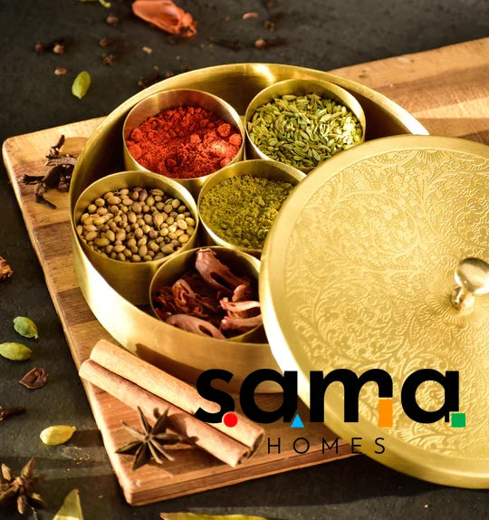 Handcrafted Brass Masala Box Set for Kitchen with Spoon (7 Containers, 40 ML) 5" - Sama Homes
