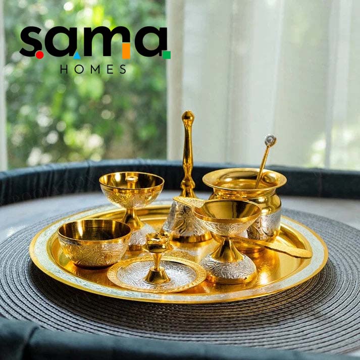 Exclusive Brass Pooja Thali with Brass Finished (Set of 8 Pieces) - Sama Homes