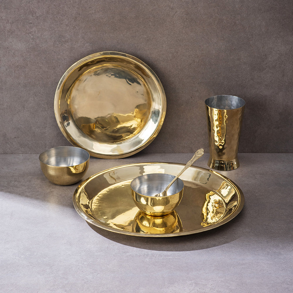 Brass Plate Set - 6 Pieces | Includes Full Plate, Quarter Plate, 2 Bowls, Glass & Spoon | Handcrafted Eco-Friendly Indian Dining Set - Sama Homes