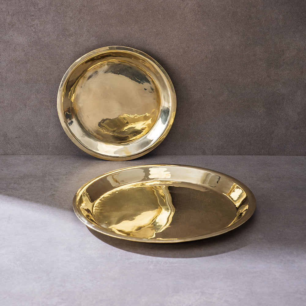 Brass Plate Set - 6 Pieces | Includes Full Plate, Quarter Plate, 2 Bowls, Glass & Spoon | Handcrafted Eco-Friendly Indian Dining Set - Sama Homes