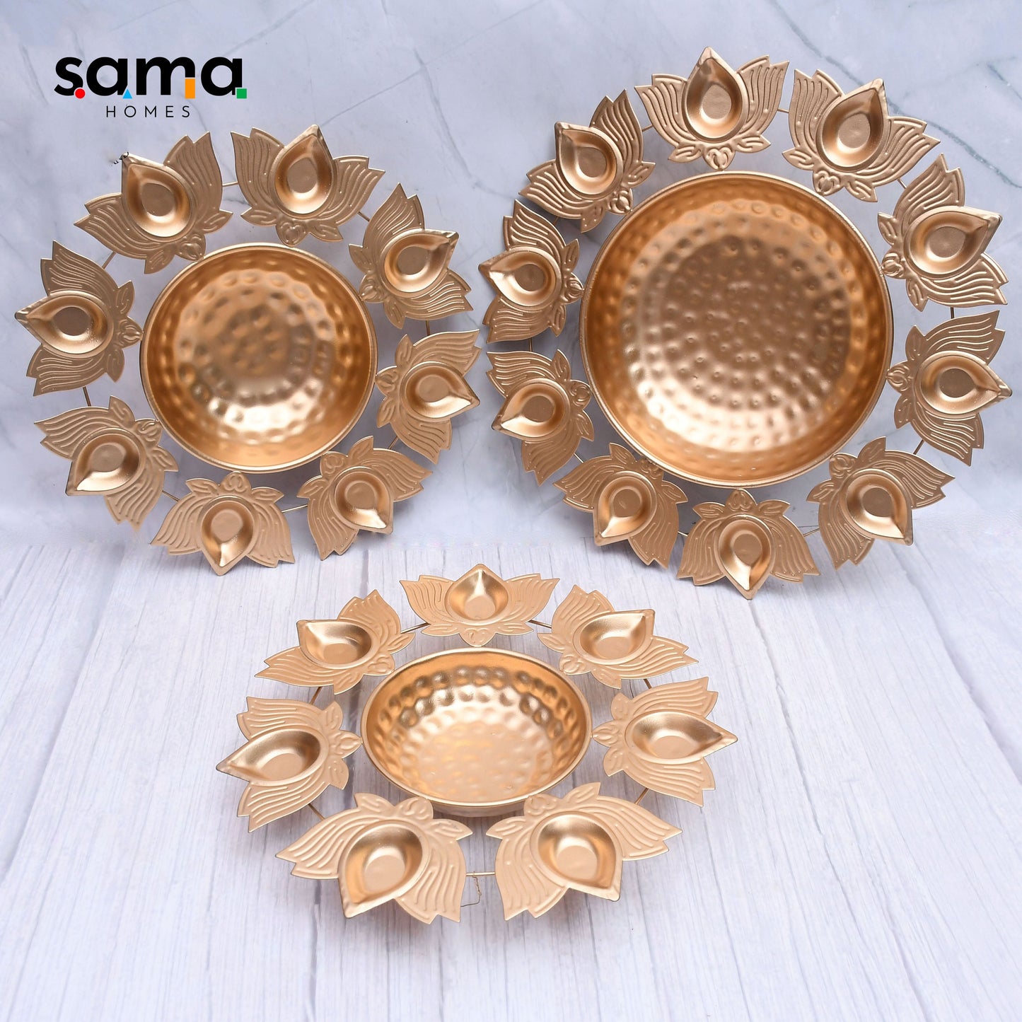 Exclusive Lotus Diya Urli Set Of 3 with Tea-Light Holder for Home Decor - Sama Homes