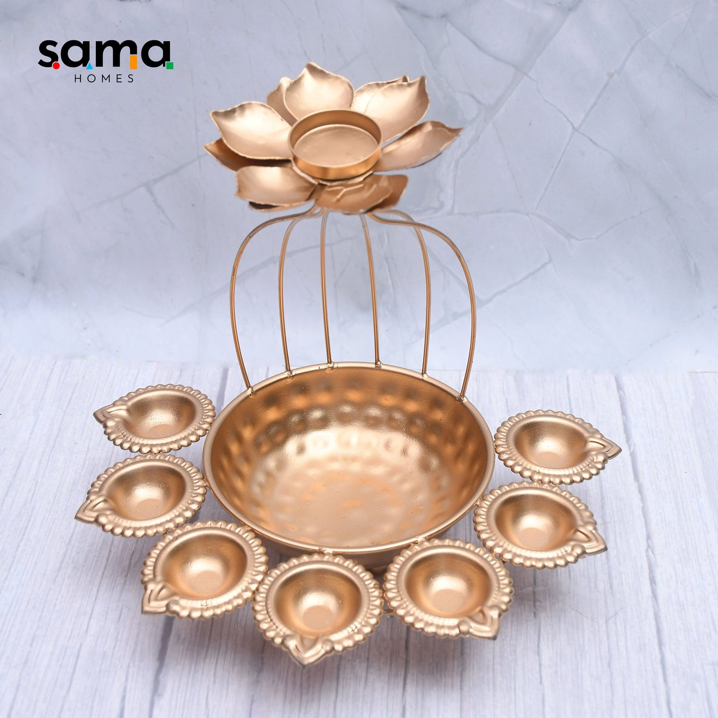 Exclusive Handmade Iron Urli Bowl and Metal Diya Set in Lotus Shape with Gold Powder Coating for Home Decor - Sama Homes