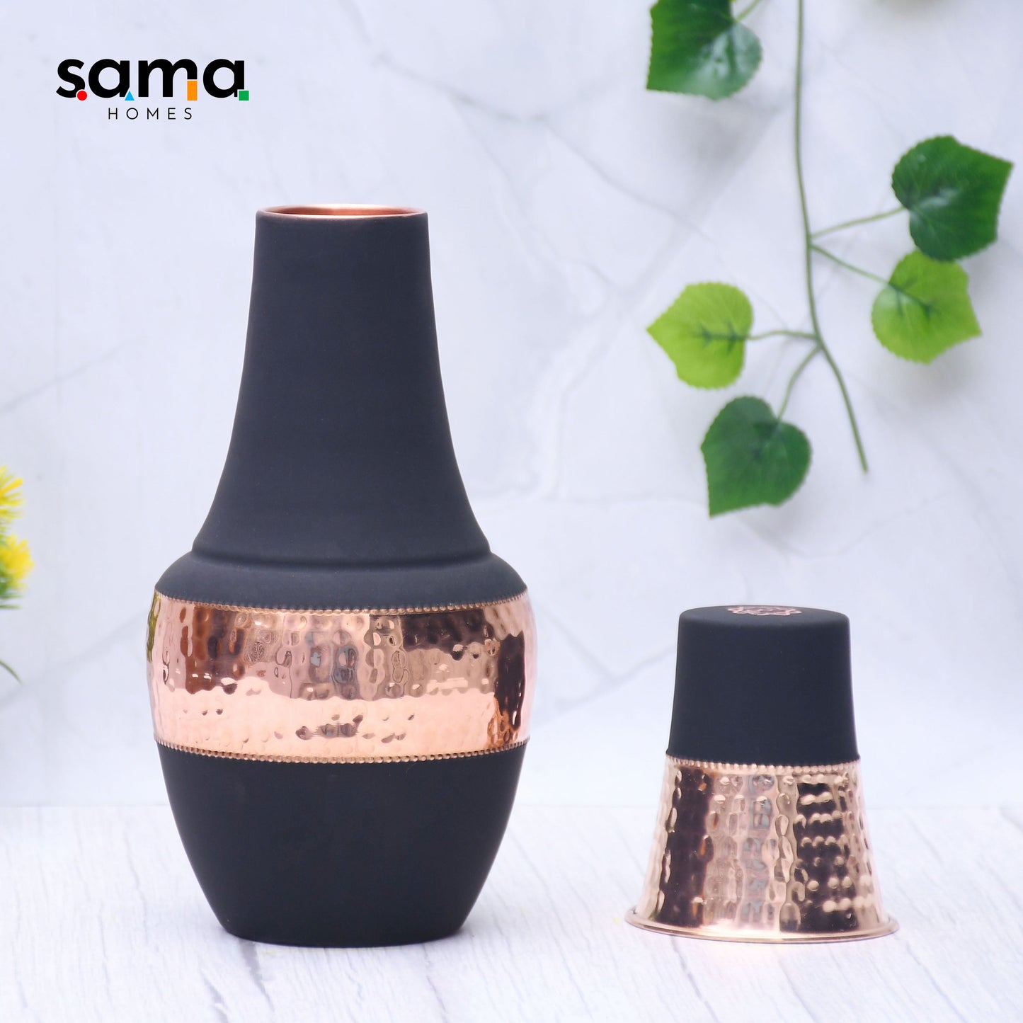 Pure Copper Silk Black Venus Pot with Inbuilt Glass Capacity 1400ML - Sama Homes