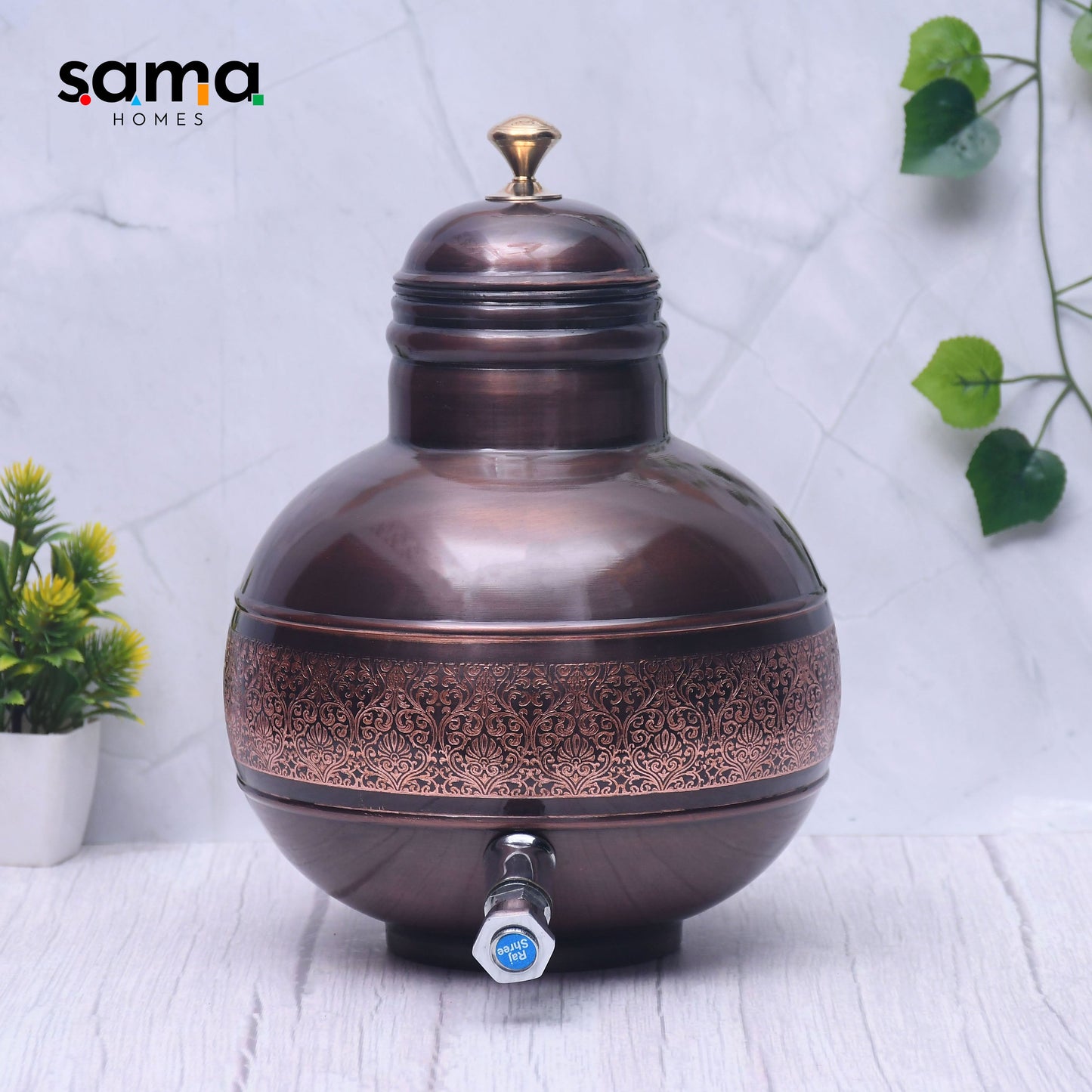 Pure Copper Water Dispenser Antique Engraved Ghada/Pot Capacity - Sama Homes