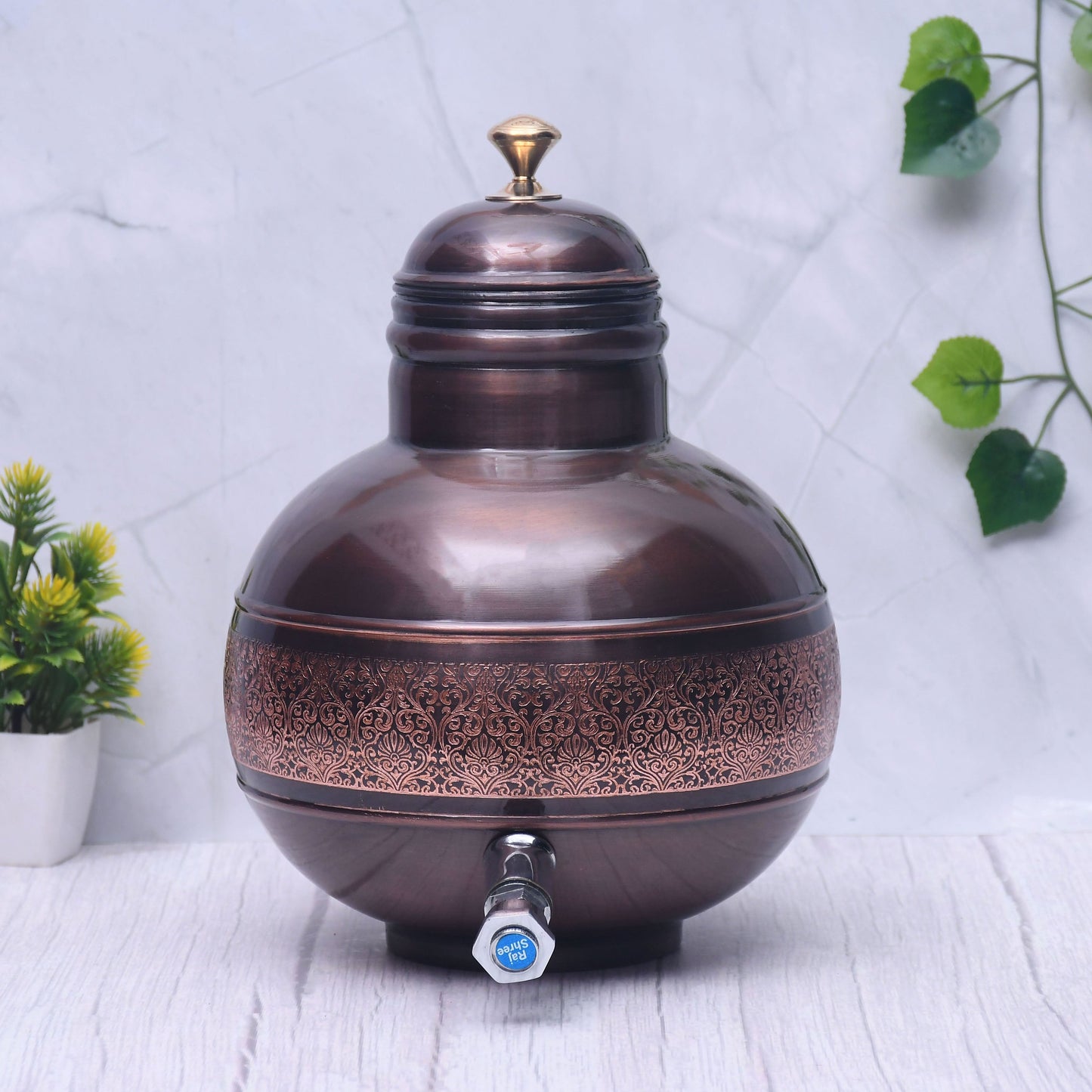 Pure Copper Water Dispenser Antique Engraved Ghada/Pot Capacity - Sama Homes