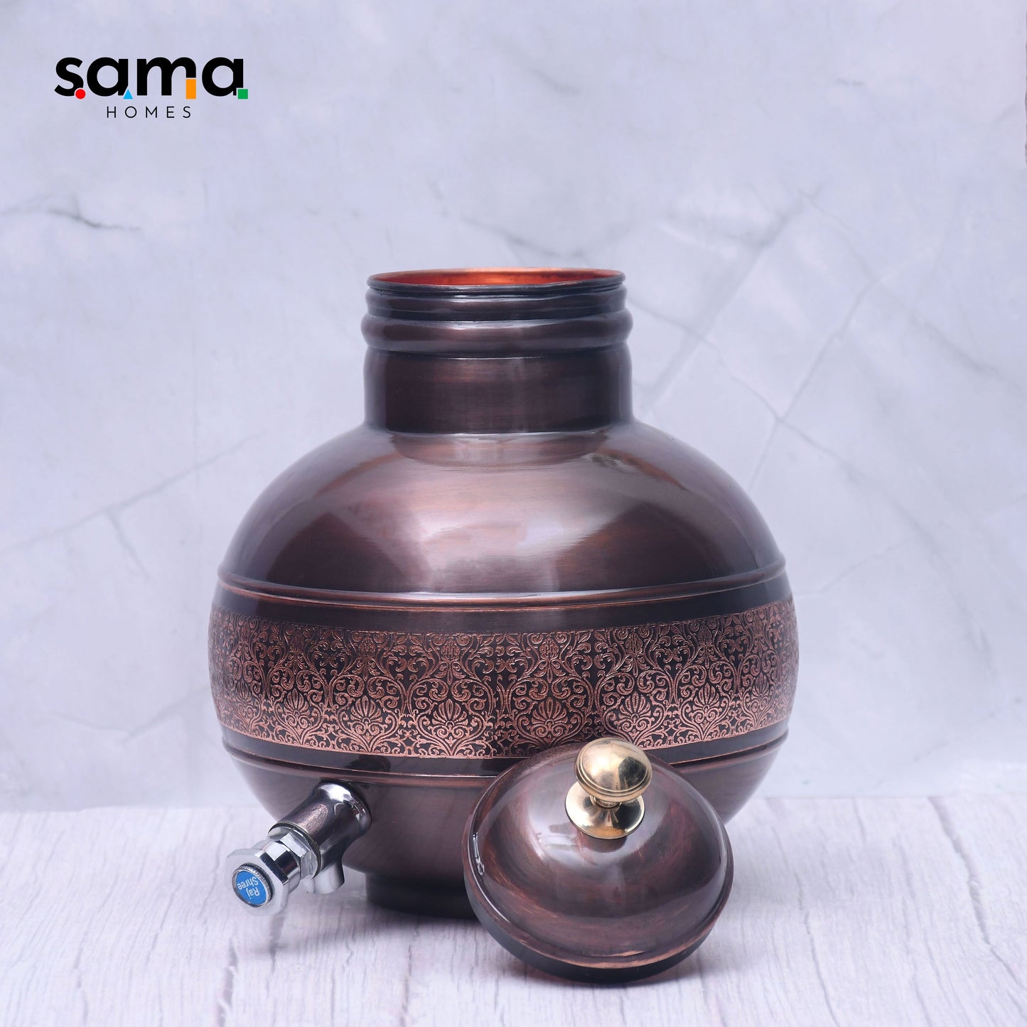 Pure Copper Water Dispenser Antique Engraved Ghada/Pot Capacity - Sama Homes