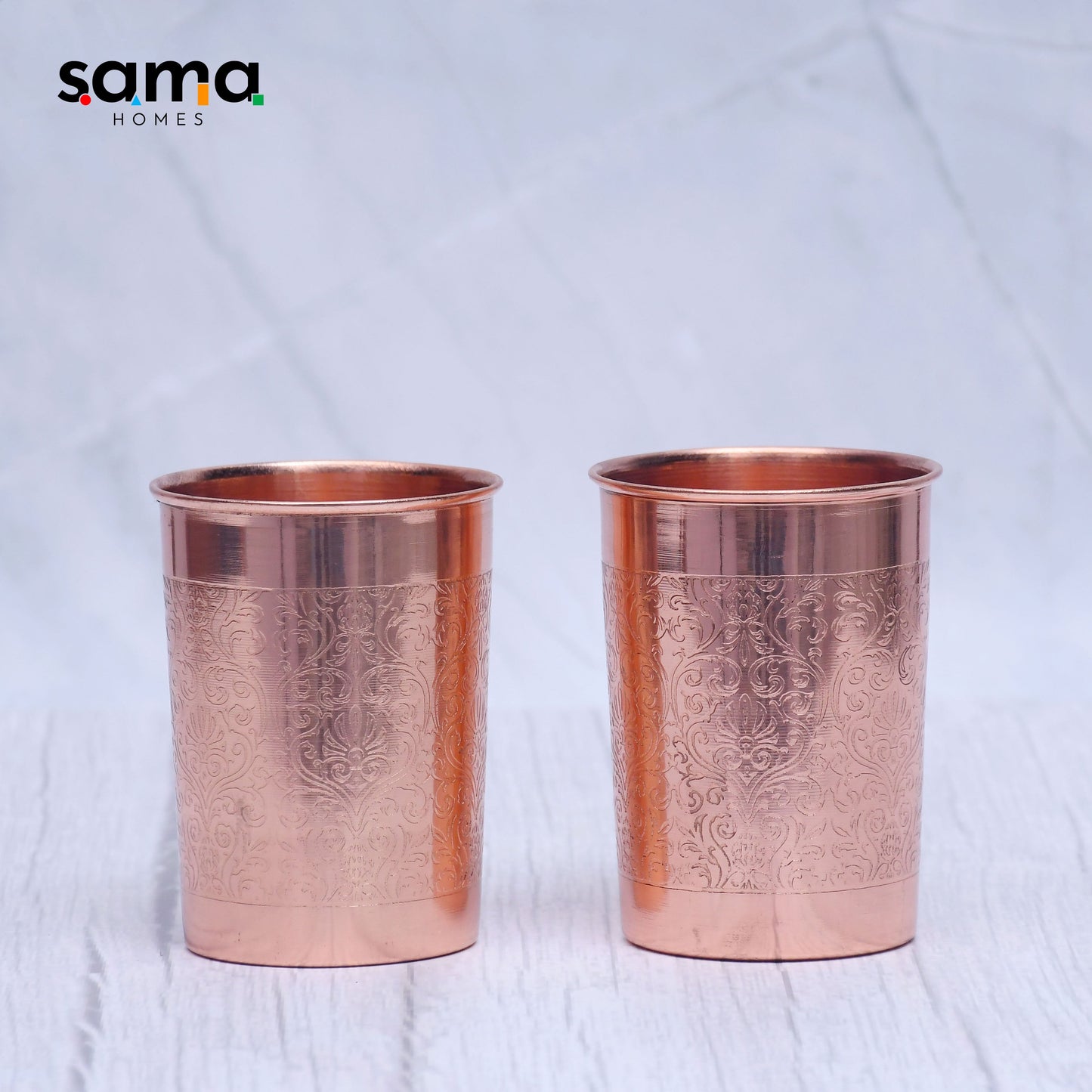 Pure Copper Water Glass Set of 2 Engrave Designed Tumbler Capacity 300ML - Sama Homes