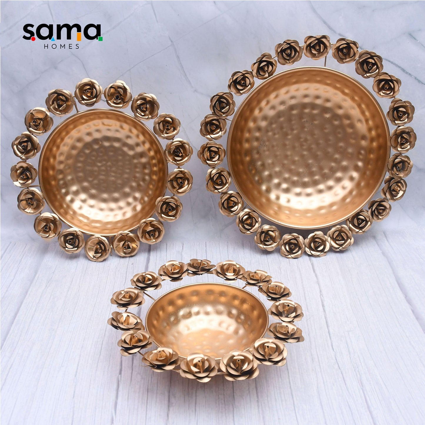 Exclusive Rose Design Urli Bowl for Home Decor with Floating Flowers and Candles( Set of 3 ) - Sama Homes