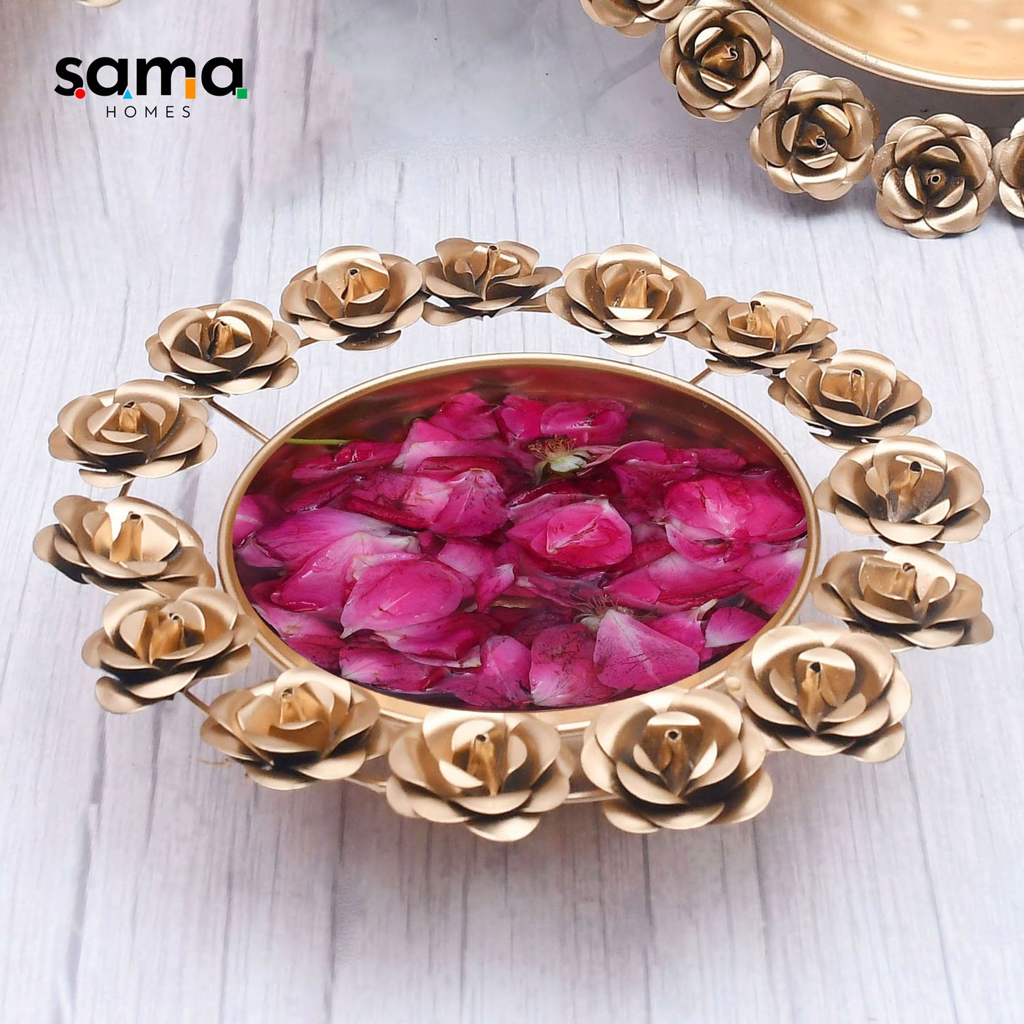 Exclusive Rose Design Urli Bowl for Home Decor with Floating Flowers and Candles( Set of 3 ) - Sama Homes