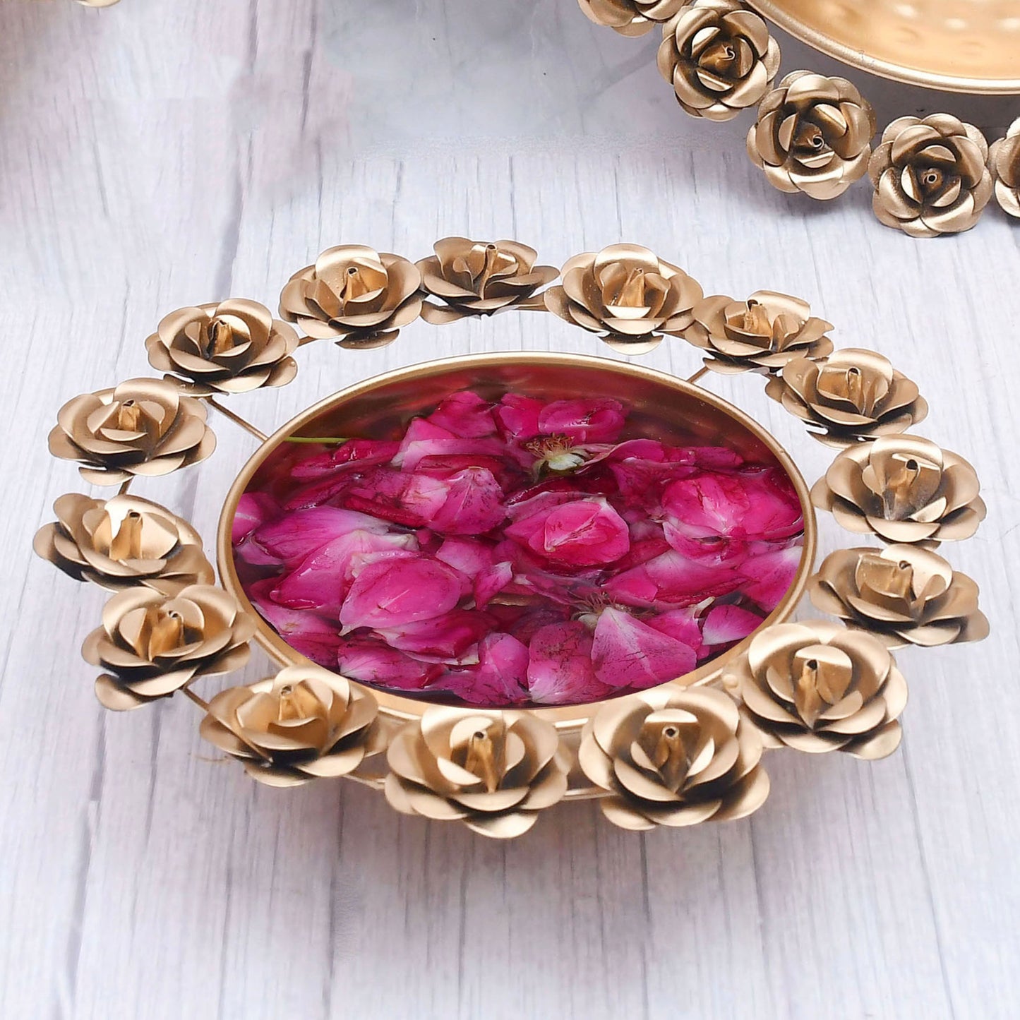 Exclusive Rose Design Urli Bowl for Home Decor with Floating Flowers and Candles( Set of 3 ) - Sama Homes