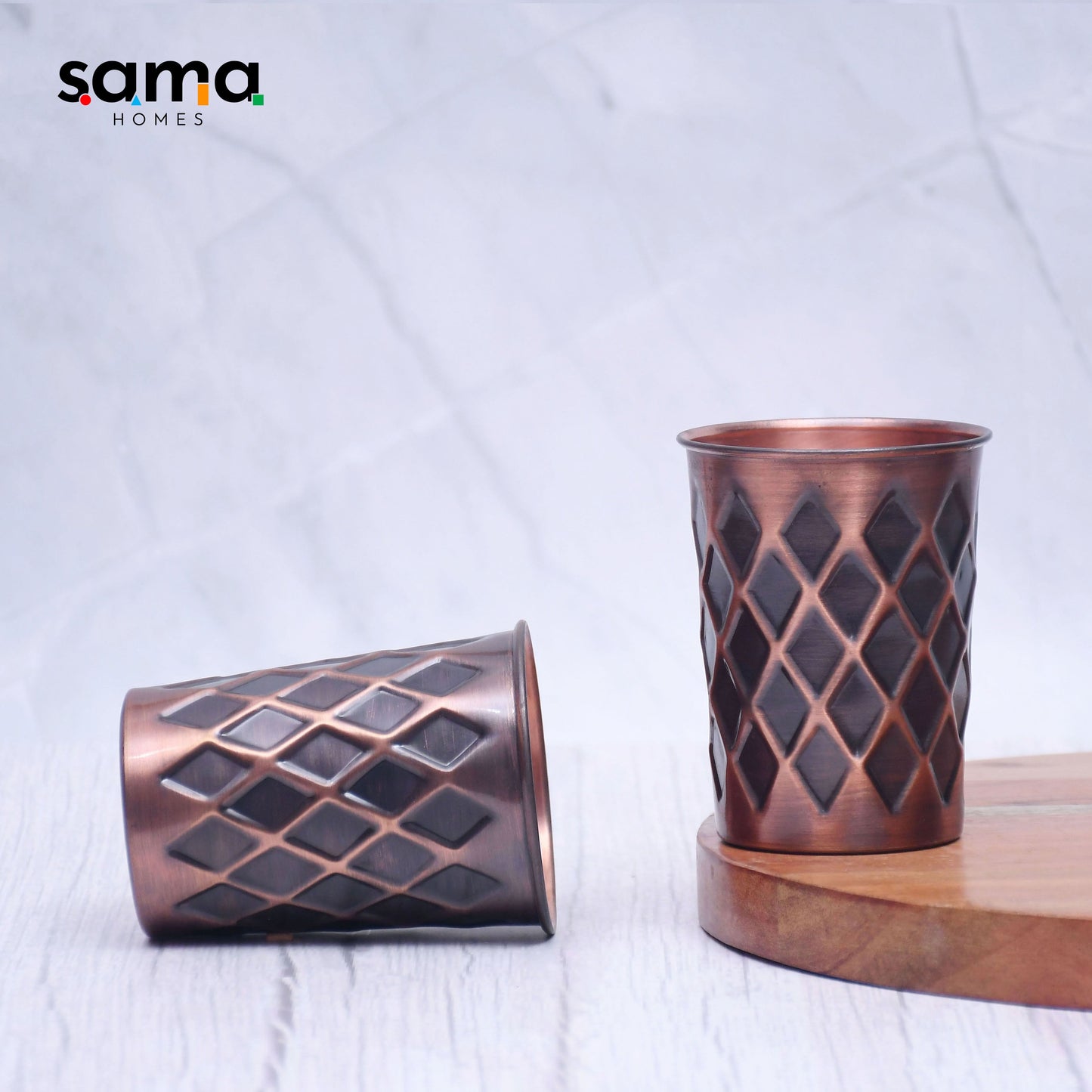 Pure Copper Water Glass Set of 2 Antique Diamond Design Tumbler Capacity 300ML - Sama Homes