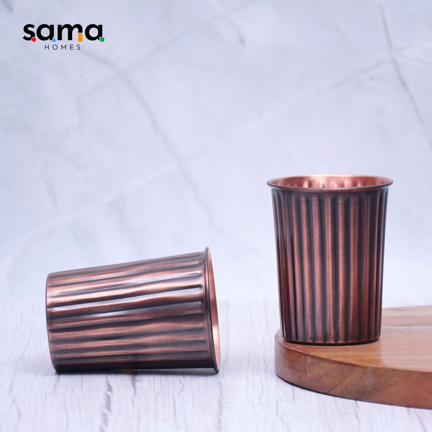 Pure Copper Water Glass Set of 2 Antique Rope Design Tumbler Capacity 300ML - Sama Homes