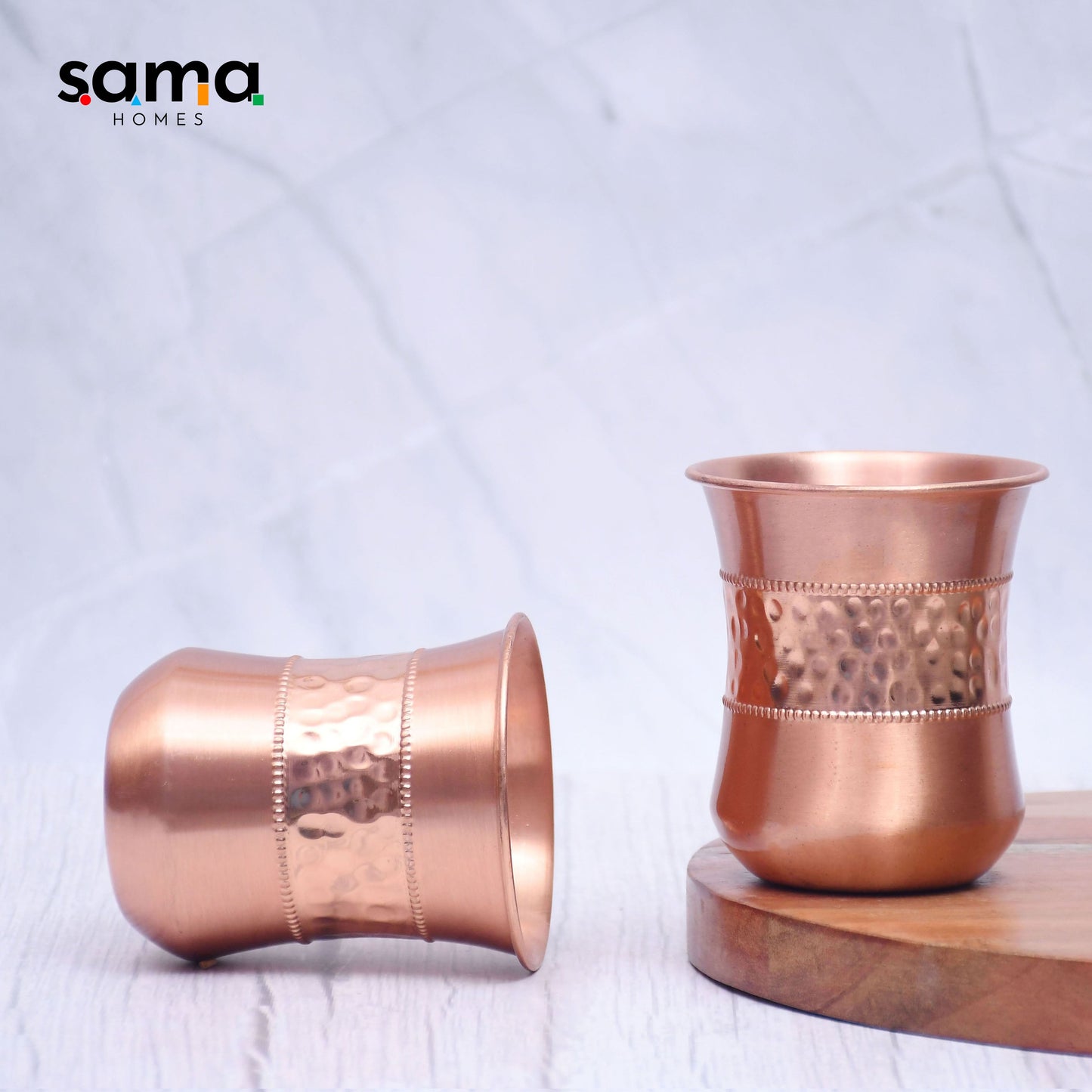 Pure Copper Water Glass Set of 2 Half Hammered Damru Tumbler Capacity 300ML - Sama Homes