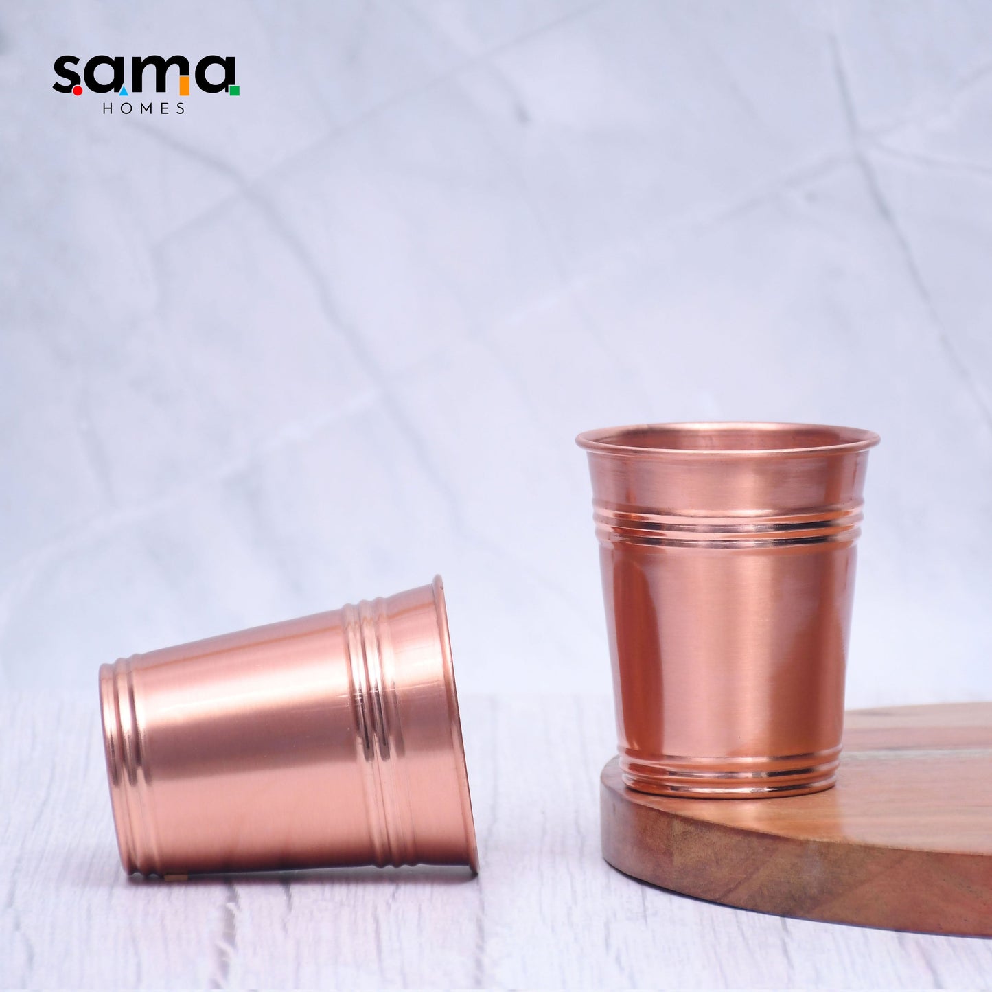 Pure Copper Water Glass Set of 2 Ring Design Tumbler Capacity 300ML - Sama Homes