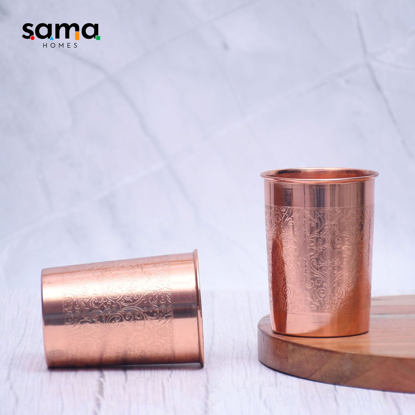Pure Copper Water Glass Set of 2 Engrave Designed Tumbler Capacity 300ML - Sama Homes