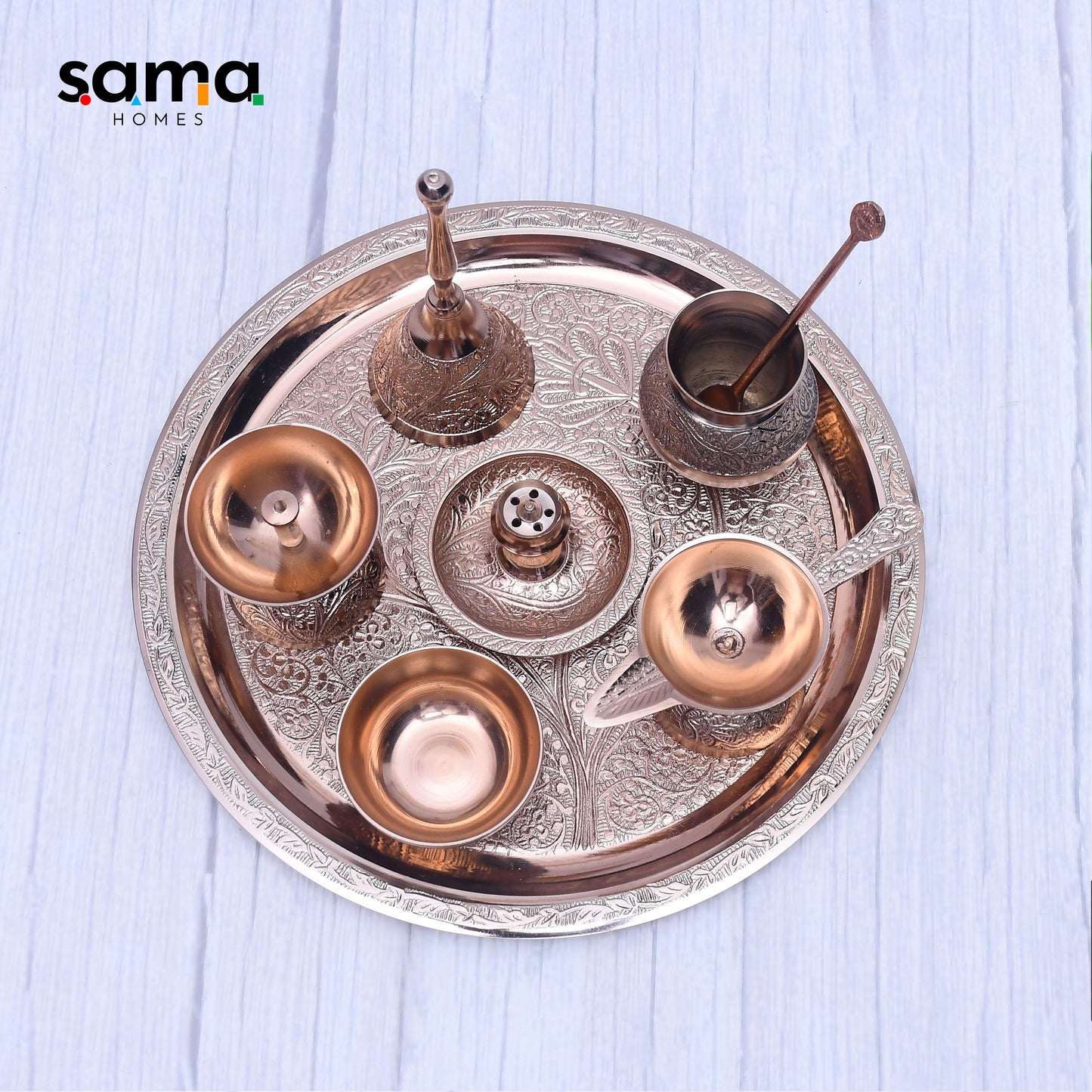 Exclusive Rose Gold Pooja Thali Set with Royal Wooden Gifting Box. - Sama Homes