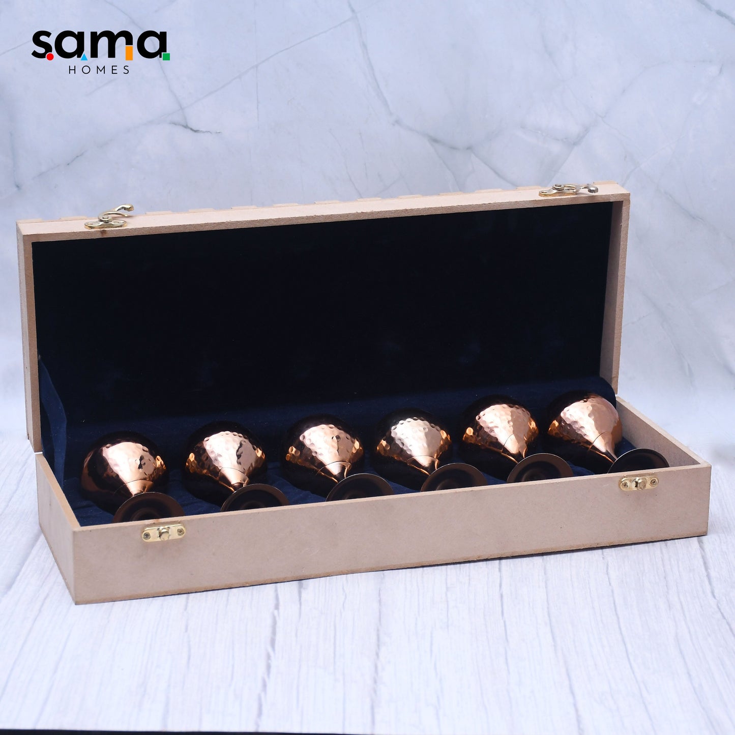 Beautifully Designed Copper Finished Round Tequila Glass Set of 6 With Wooden Box Barware - Sama Homes