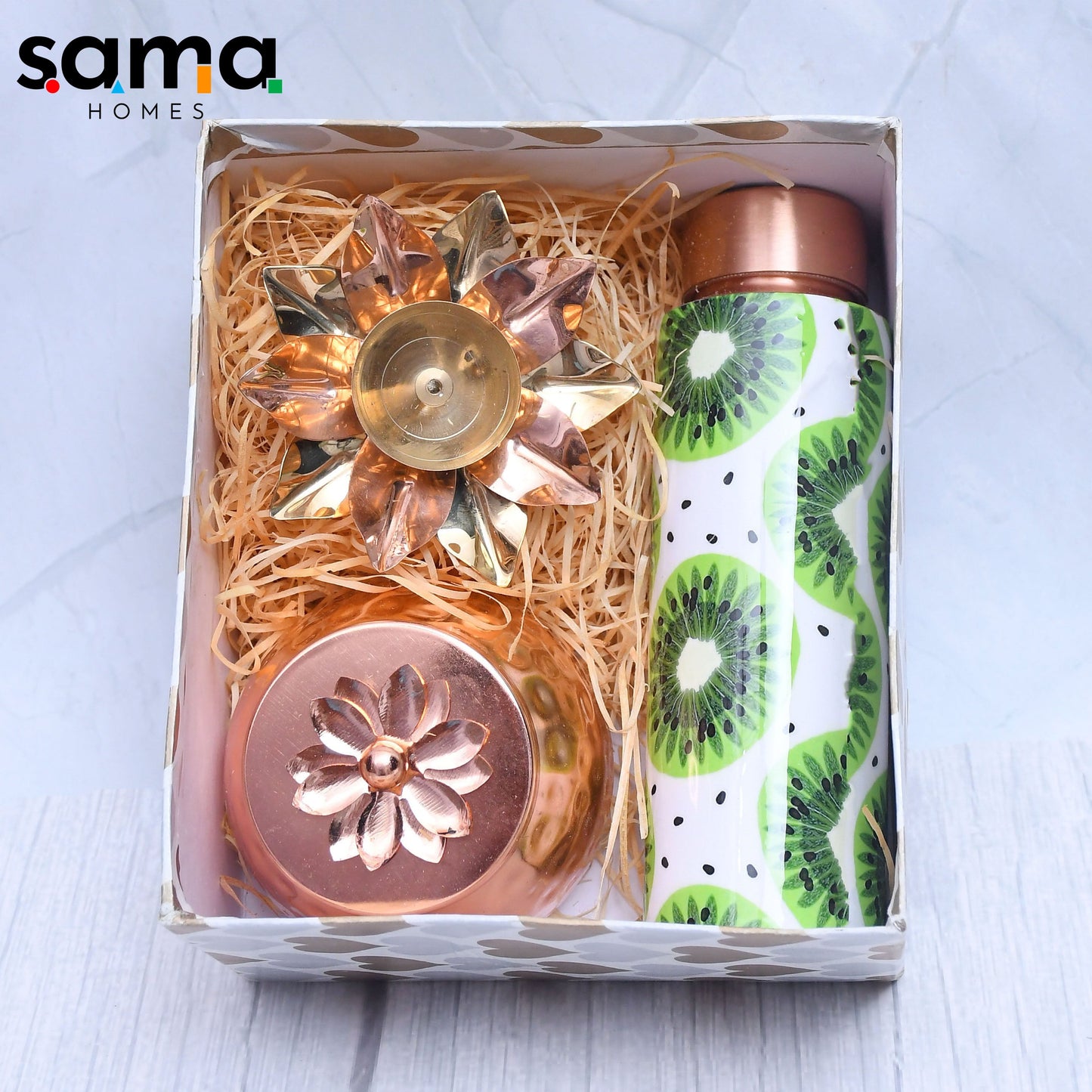 Pure Copper Bottle with Container Jar and Floral Candle Holder Set of 3 Combo - Sama Homes