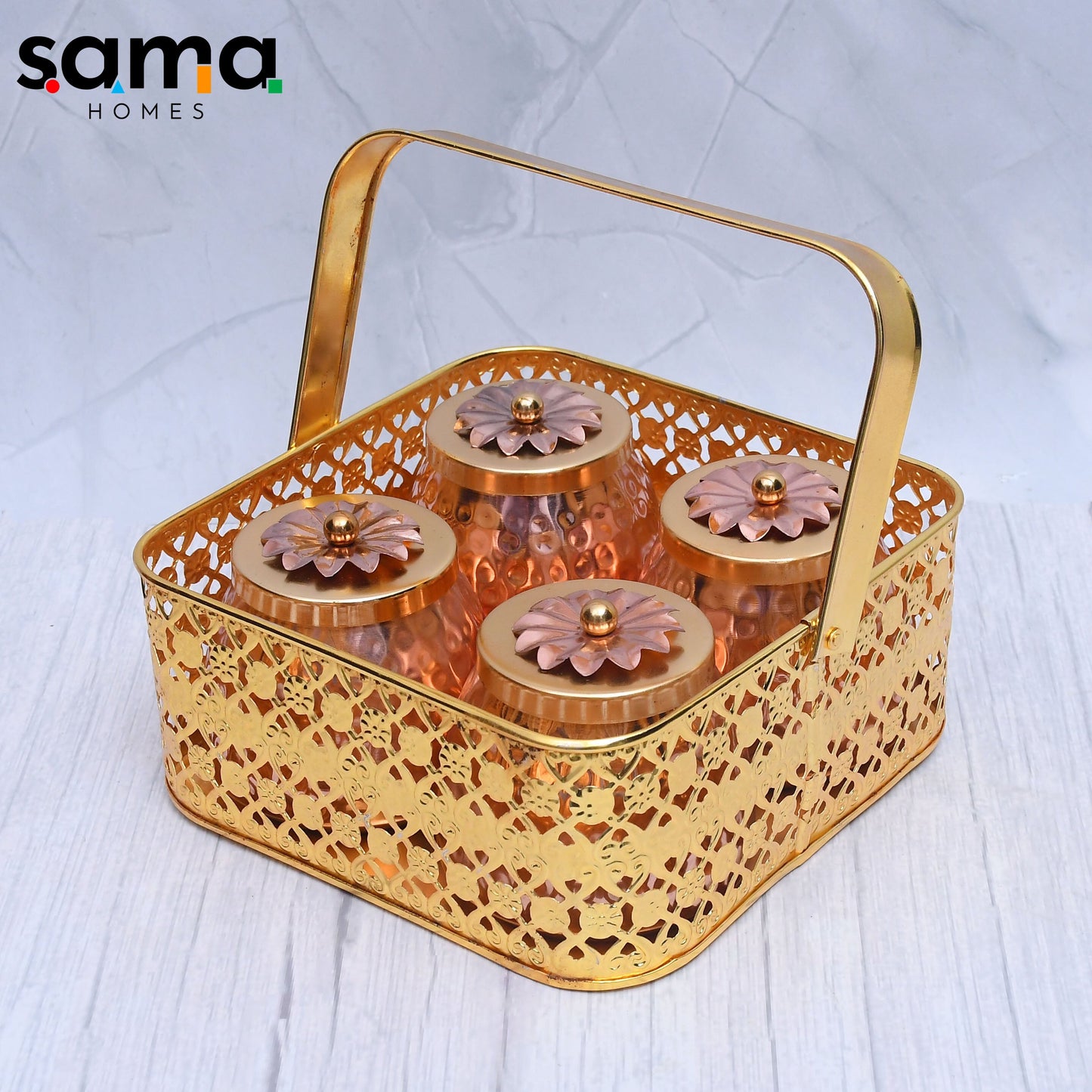 Exclusive Basket with 4 Dry Fruit Container Pot with Copper Hammered Finish For Multi-Purposes - Sama Homes
