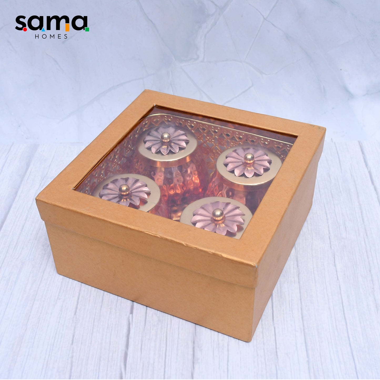 Exclusive Basket with 4 Dry Fruit Container Pot with Copper Hammered Finish For Multi-Purposes - Sama Homes