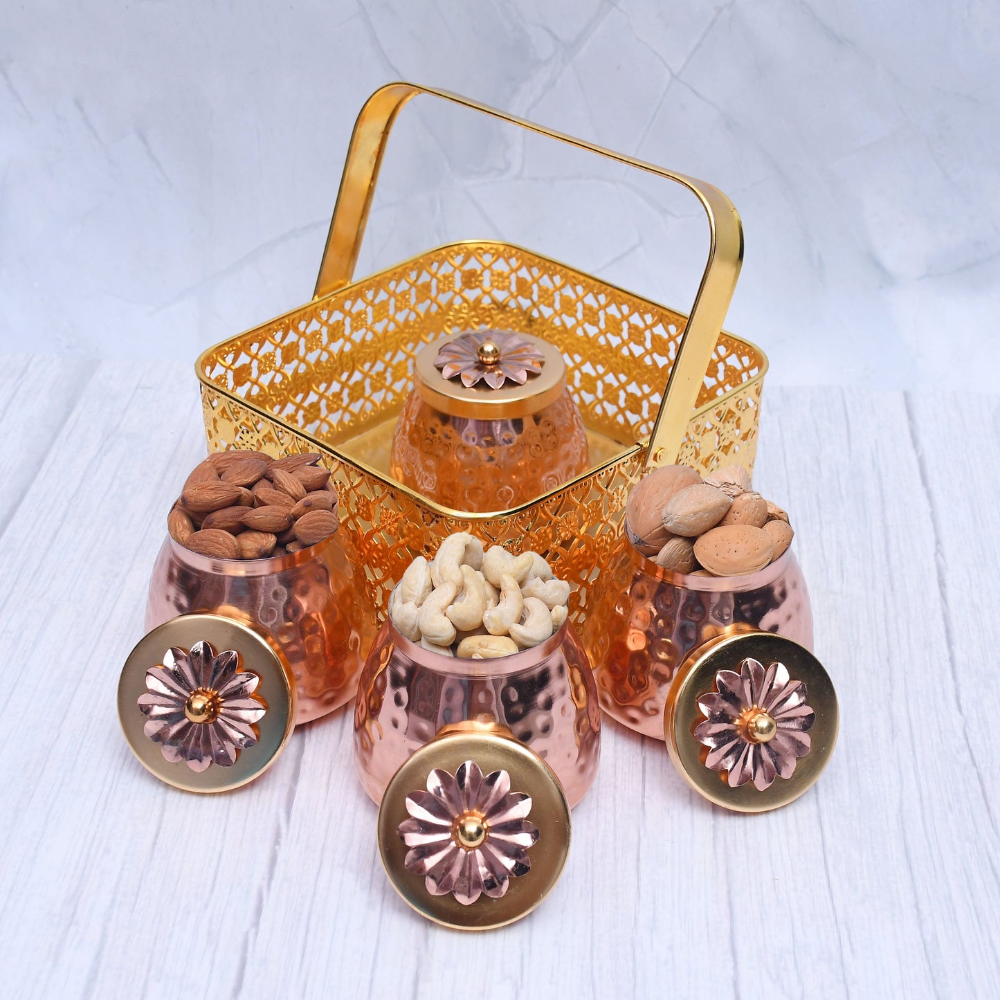 Exclusive Basket with 4 Dry Fruit Container Pot with Copper Hammered Finish For Multi-Purposes - Sama Homes