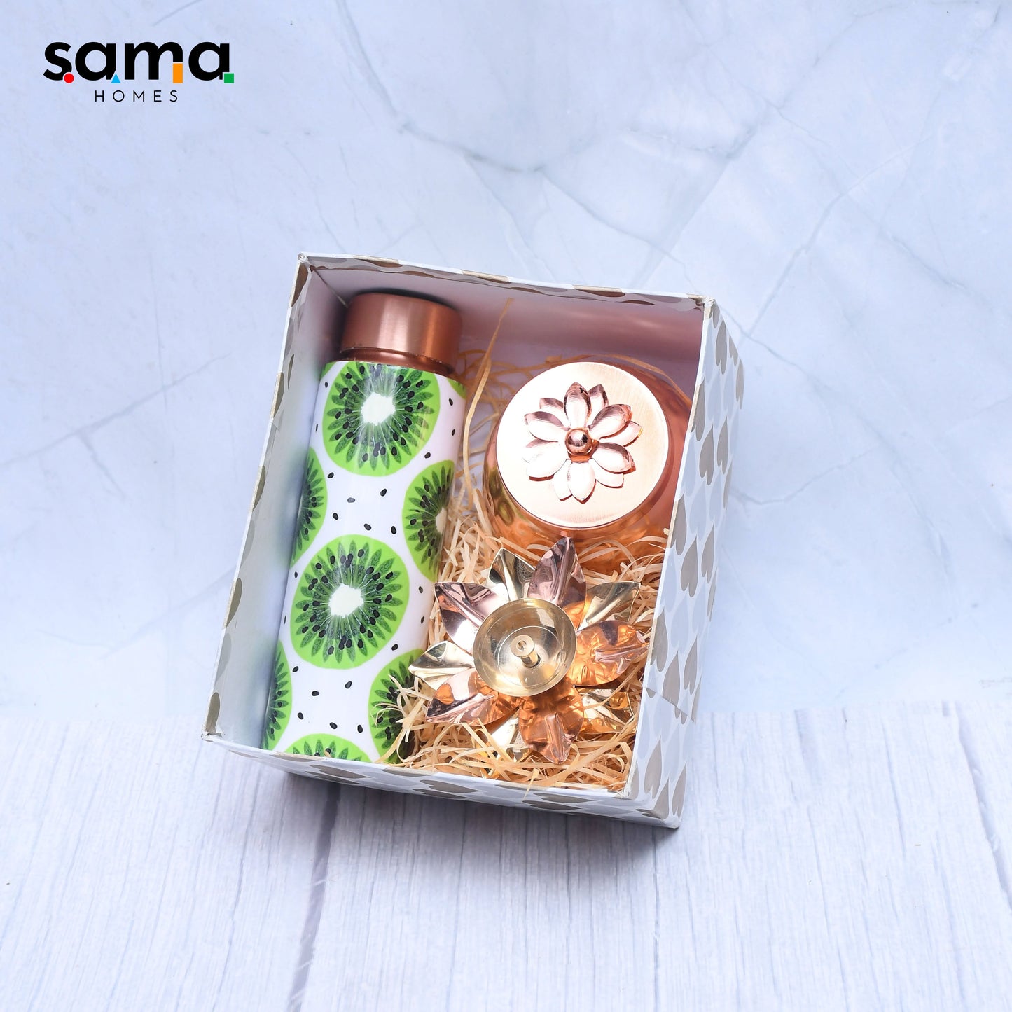 Pure Copper Bottle with Container Jar and Floral Candle Holder Set of 3 Combo - Sama Homes