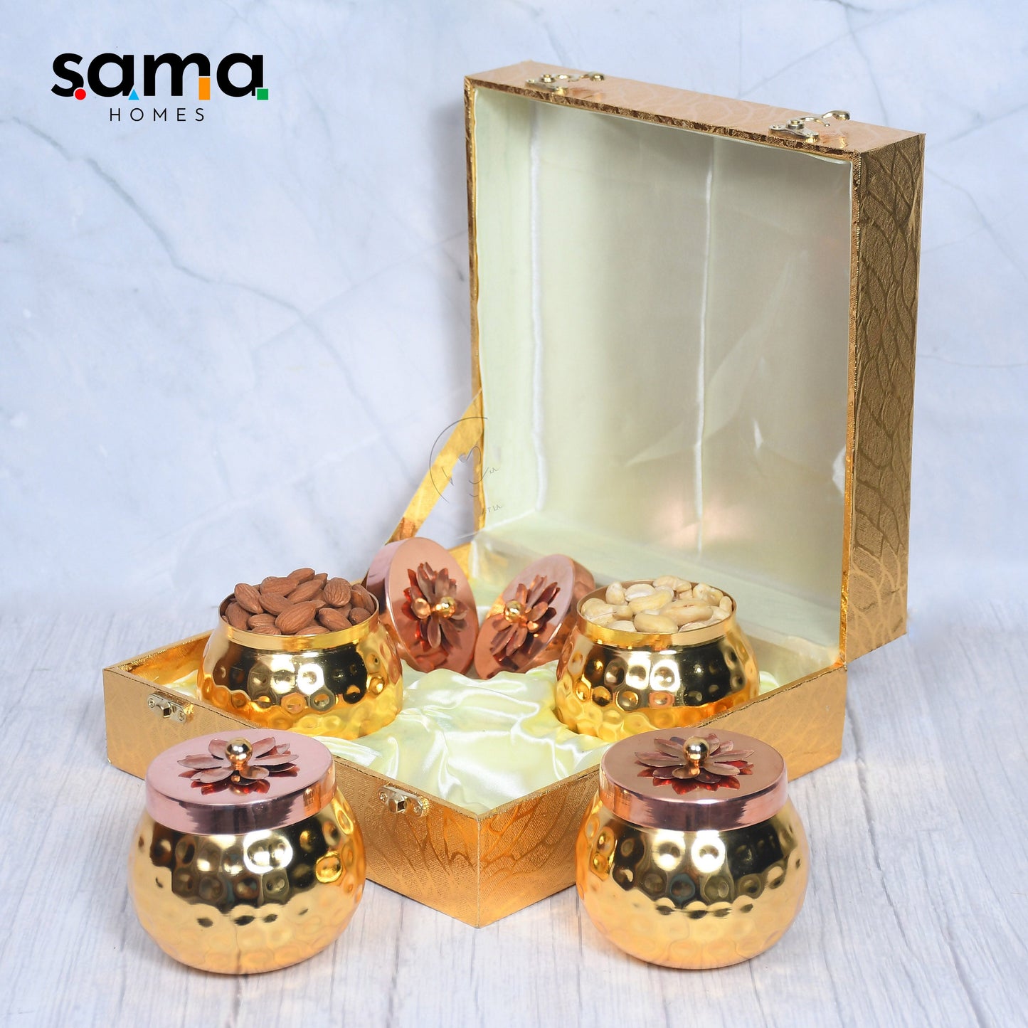 Exclusive Golden Hammered Dry-Fruit Pot with Gifting Box Set of 4 - Sama Homes