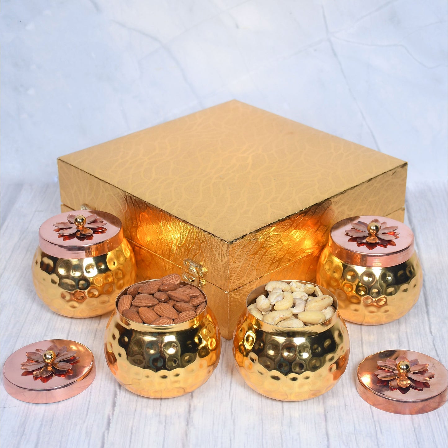 Exclusive Golden Hammered Dry-Fruit Pot with Gifting Box Set of 4 - Sama Homes