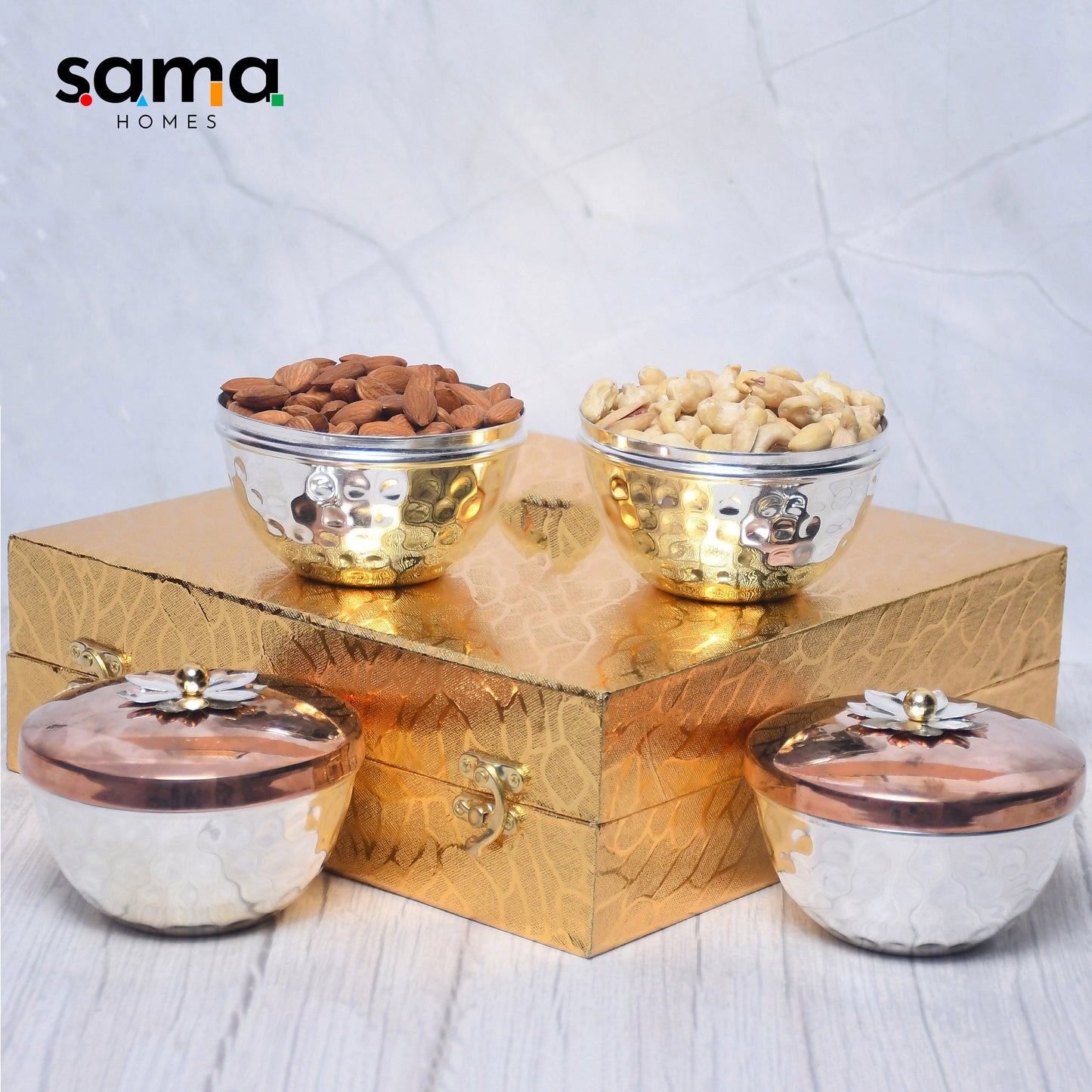 Exclusive Silver Hammered Dry Fruit Bowl with Gifting Box Set of 4 - Sama Homes