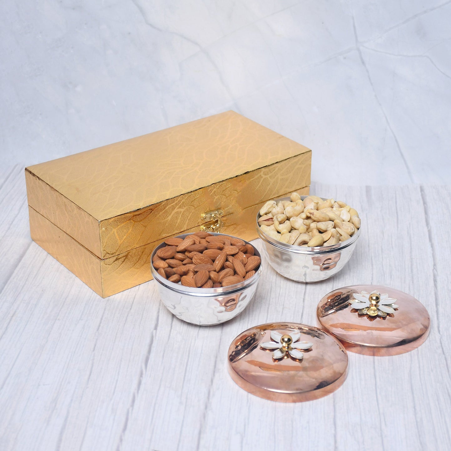 Exclusive Silver Hammered Dry Fruit Bowl with Gifting Box Set of 2 - Sama Homes