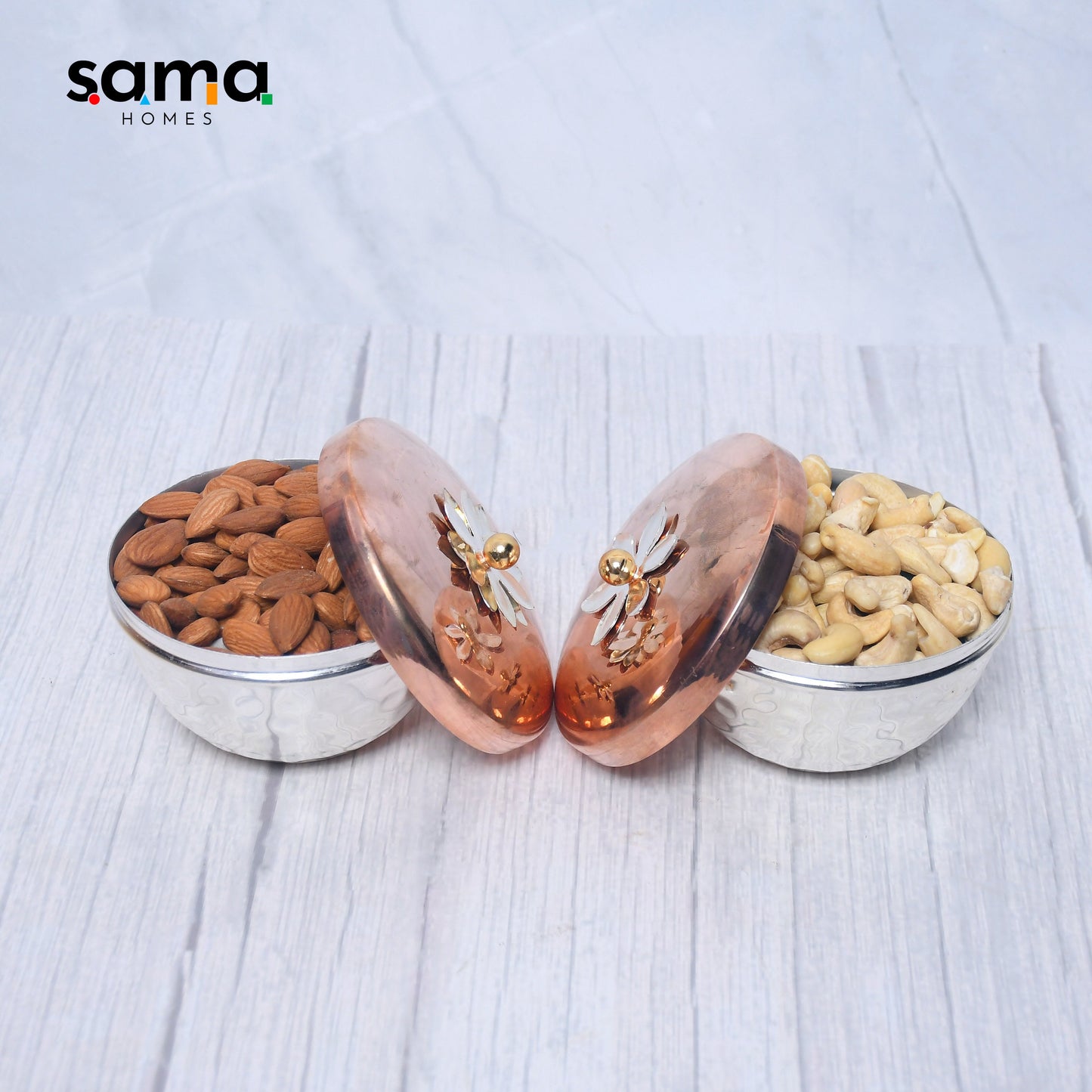 Exclusive Silver Hammered Dry Fruit Bowl with Gifting Box Set of 2 - Sama Homes