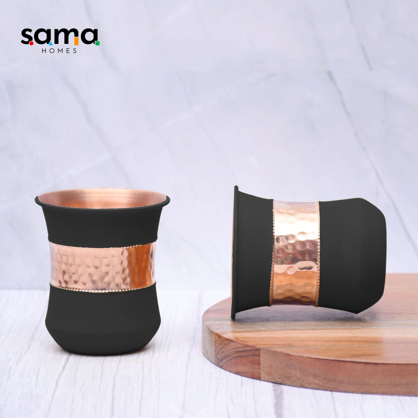 Pure Copper Water Bottle |Silk Black Half Hammered with 2 Dholak Glasses |( Set of 3 )| Capacity 1450 ML - Sama Homes