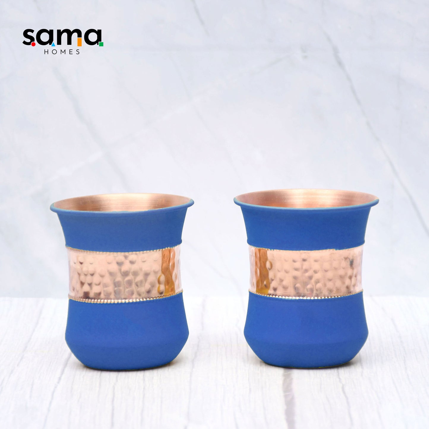 Pure Copper Water Bottle |Silk Blue Half Hammered with 2 Dholak Glasses| ( Set of 3 ) Capacity 1450 ML - Sama Homes