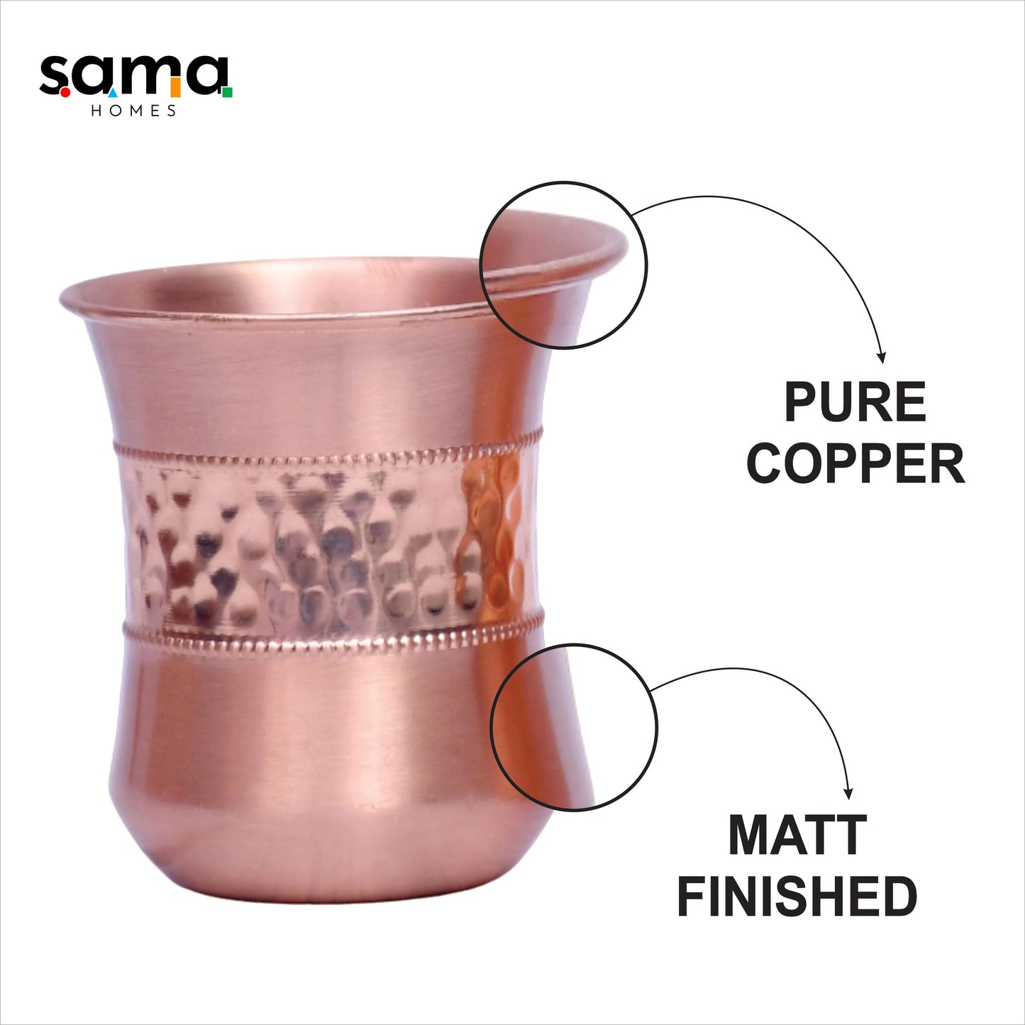 Pure Copper Water Glass Set of 2 Half Hammered Damru Tumbler Capacity 300ML - Sama Homes
