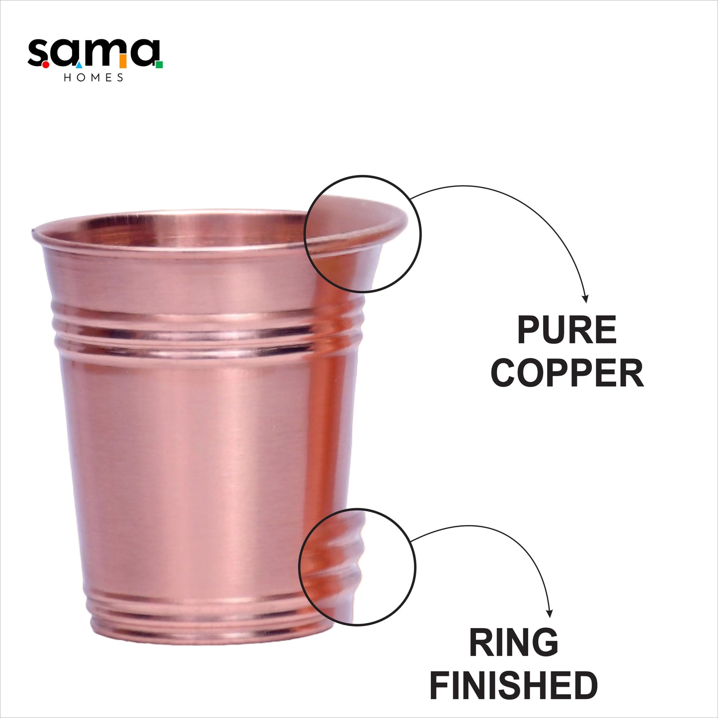 Pure Copper Water Glass Set of 2 Ring Design Tumbler Capacity 300ML - Sama Homes