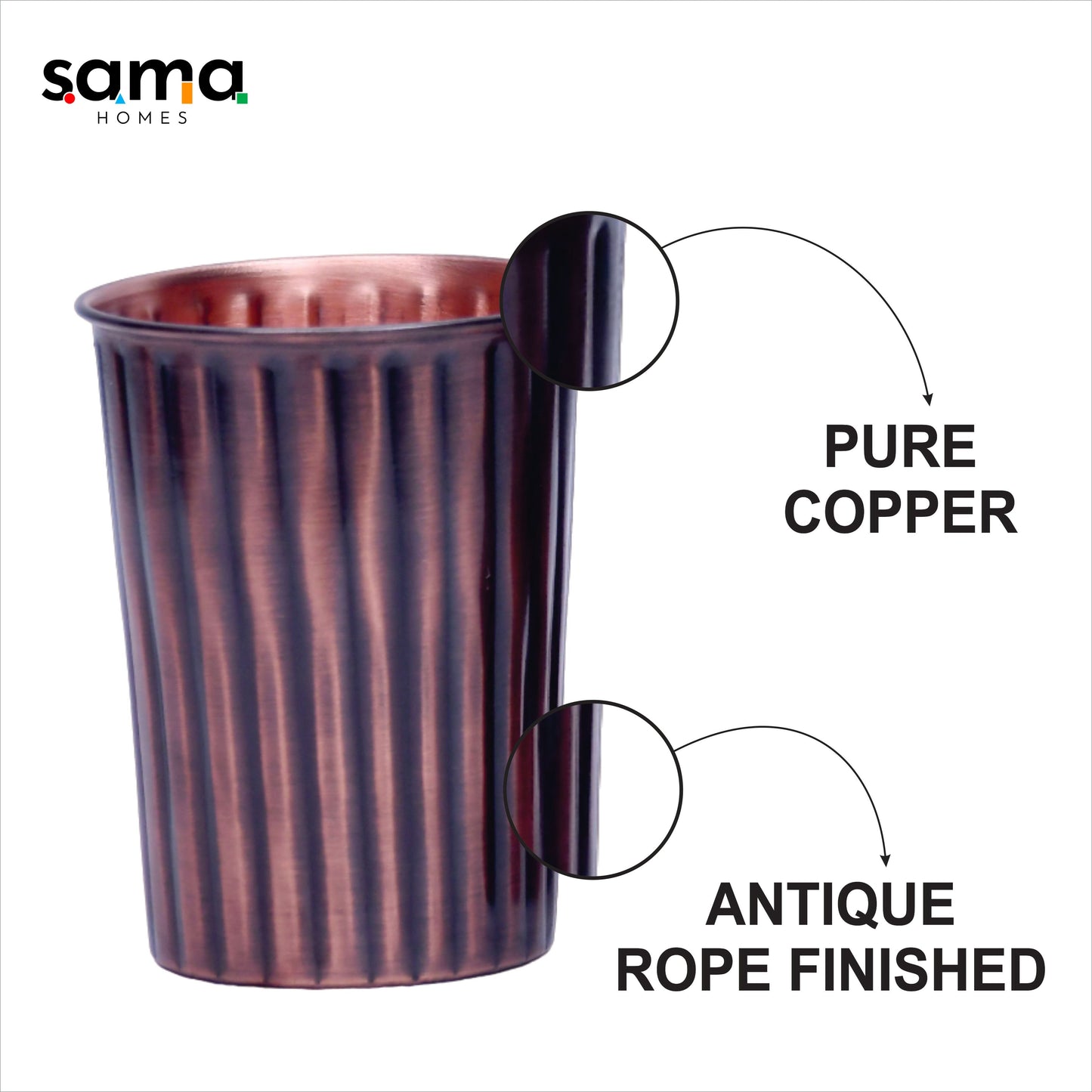 Pure Copper Water Glass Set of 2 Antique Rope Design Tumbler Capacity 300ML - Sama Homes