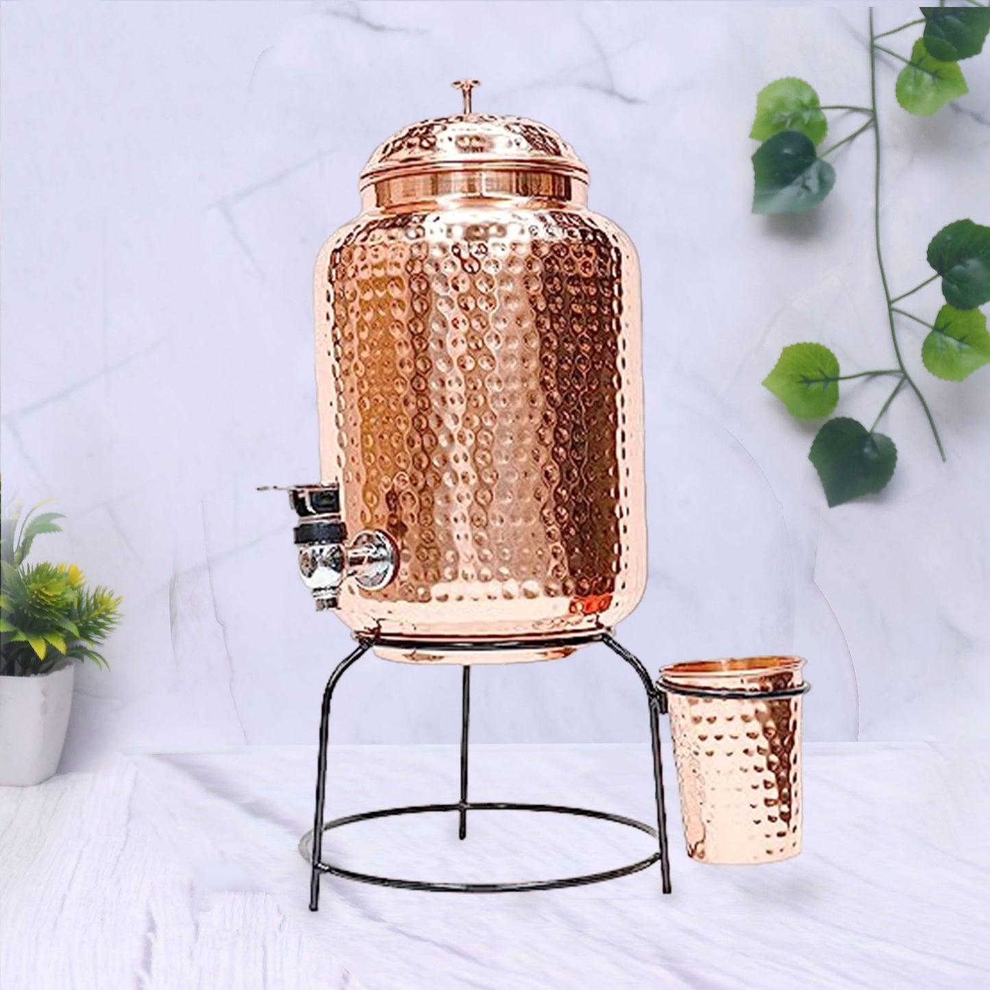 Pure Copper Hammered Water Dispenser with Glass and Stand (Matka) Combo 5000ml - Sama Homes