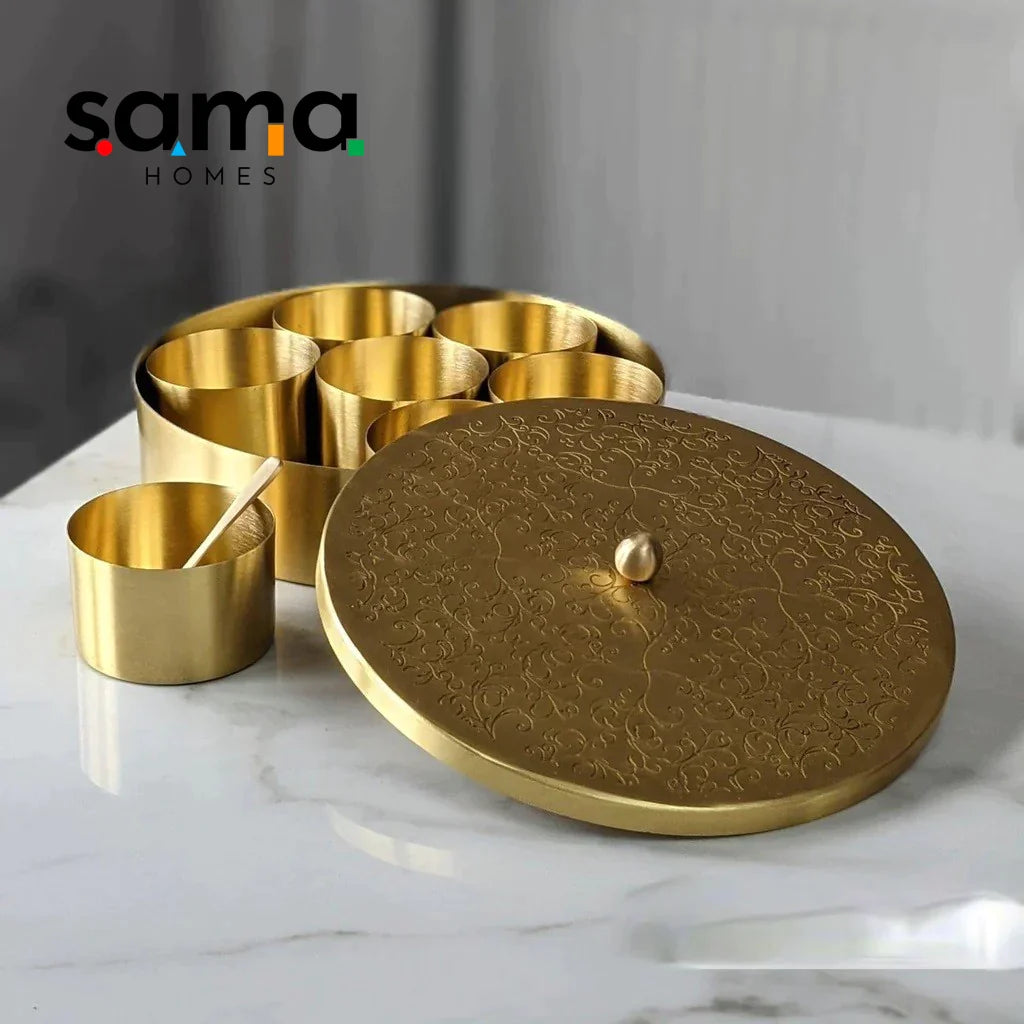 Handcrafted Brass Masala Box Set for Kitchen with Spoon (7 Containers, 40 ML) 7 " - Sama Homes