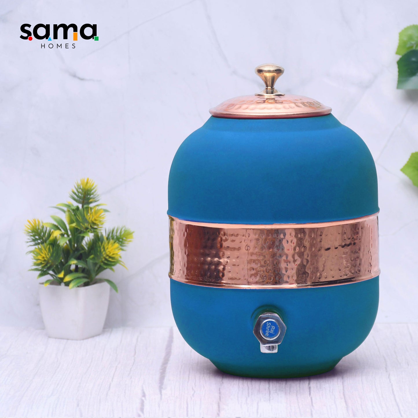 Pure Copper Water Dispenser with Silk Finish and Half Hammered Design 5 & 8 Liter | Colours Available - Red, Blue, Green, Yellow, Black, Gray - Sama Homes