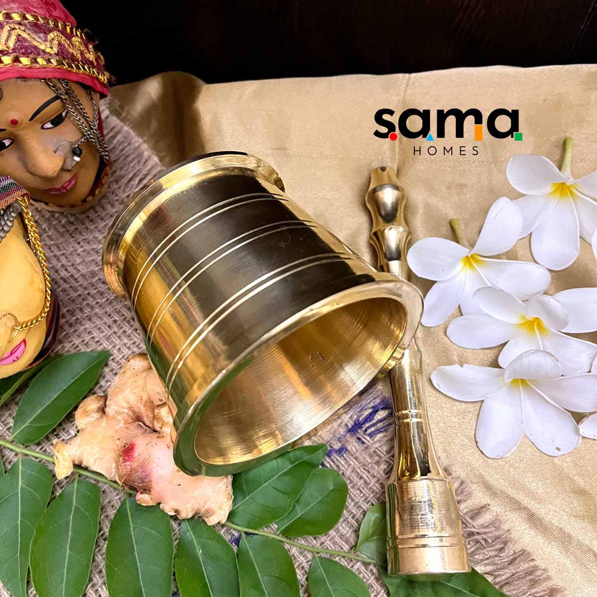 Handcrafted Brass Imam Dasta (Khalbatta) – Traditional Spice Grinder | Ayurvedic, Antique Finish Mortar & Pestle for Kitchen Use - Sama Homes