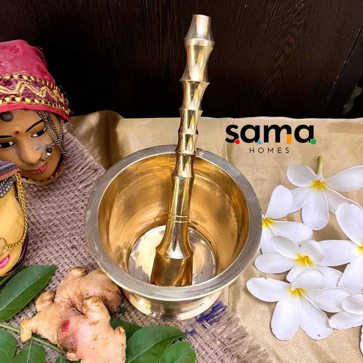 Handcrafted Brass Imam Dasta (Khalbatta) – Traditional Spice Grinder | Ayurvedic, Antique Finish Mortar & Pestle for Kitchen Use - Sama Homes