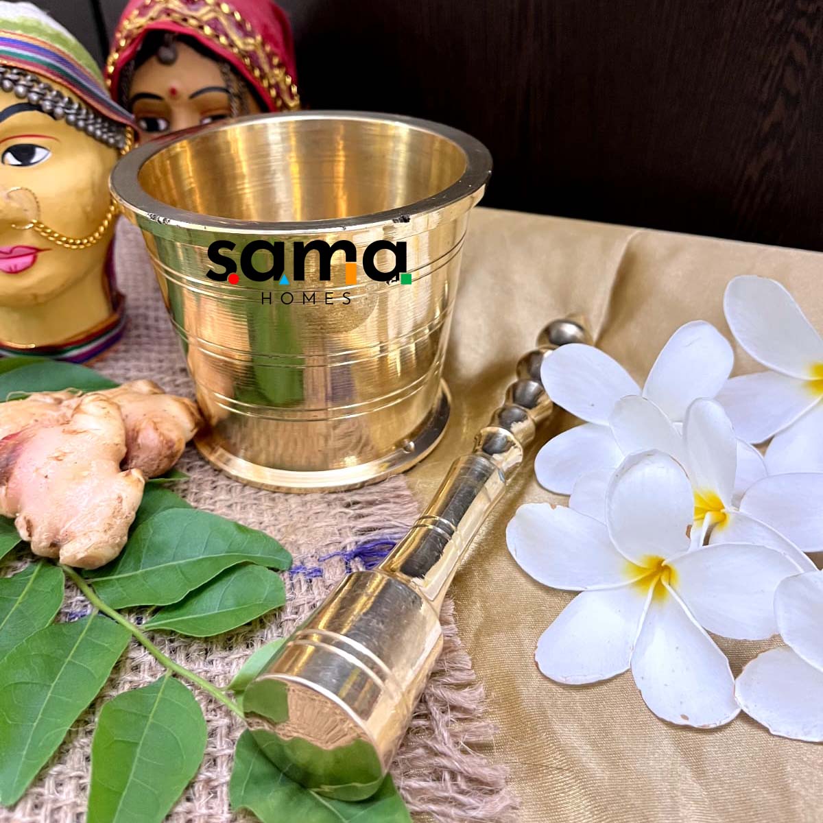 Handcrafted Brass Imam Dasta (Khalbatta) – Traditional Spice Grinder | Ayurvedic, Antique Finish Mortar & Pestle for Kitchen Use - Sama Homes