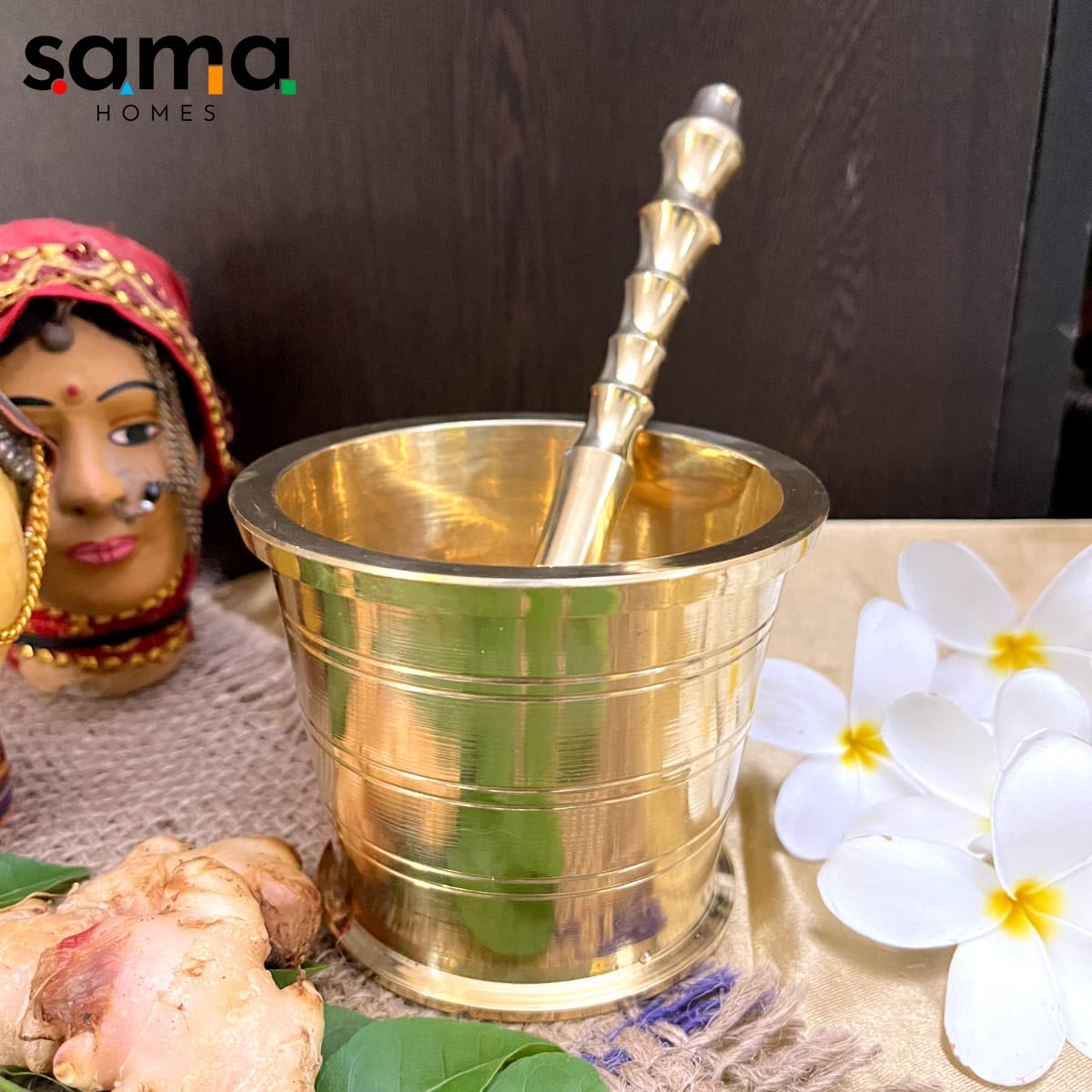Handcrafted Brass Imam Dasta (Khalbatta) – Traditional Spice Grinder | Ayurvedic, Antique Finish Mortar & Pestle for Kitchen Use - Sama Homes