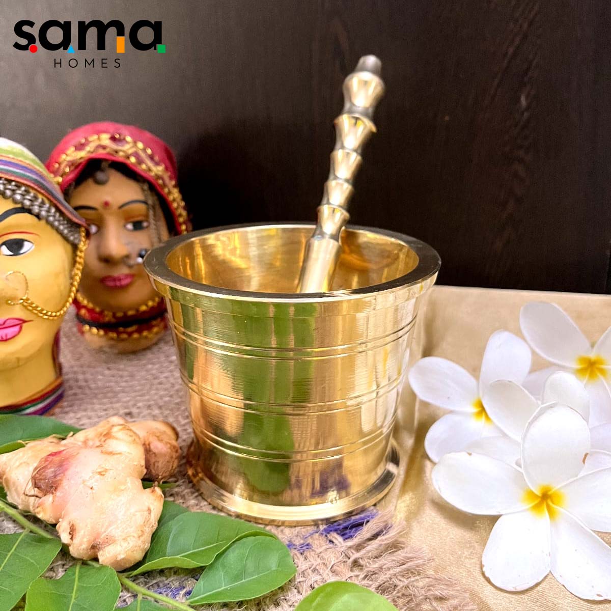 Handcrafted Brass Imam Dasta (Khalbatta) – Traditional Spice Grinder | Ayurvedic, Antique Finish Mortar & Pestle for Kitchen Use - Sama Homes