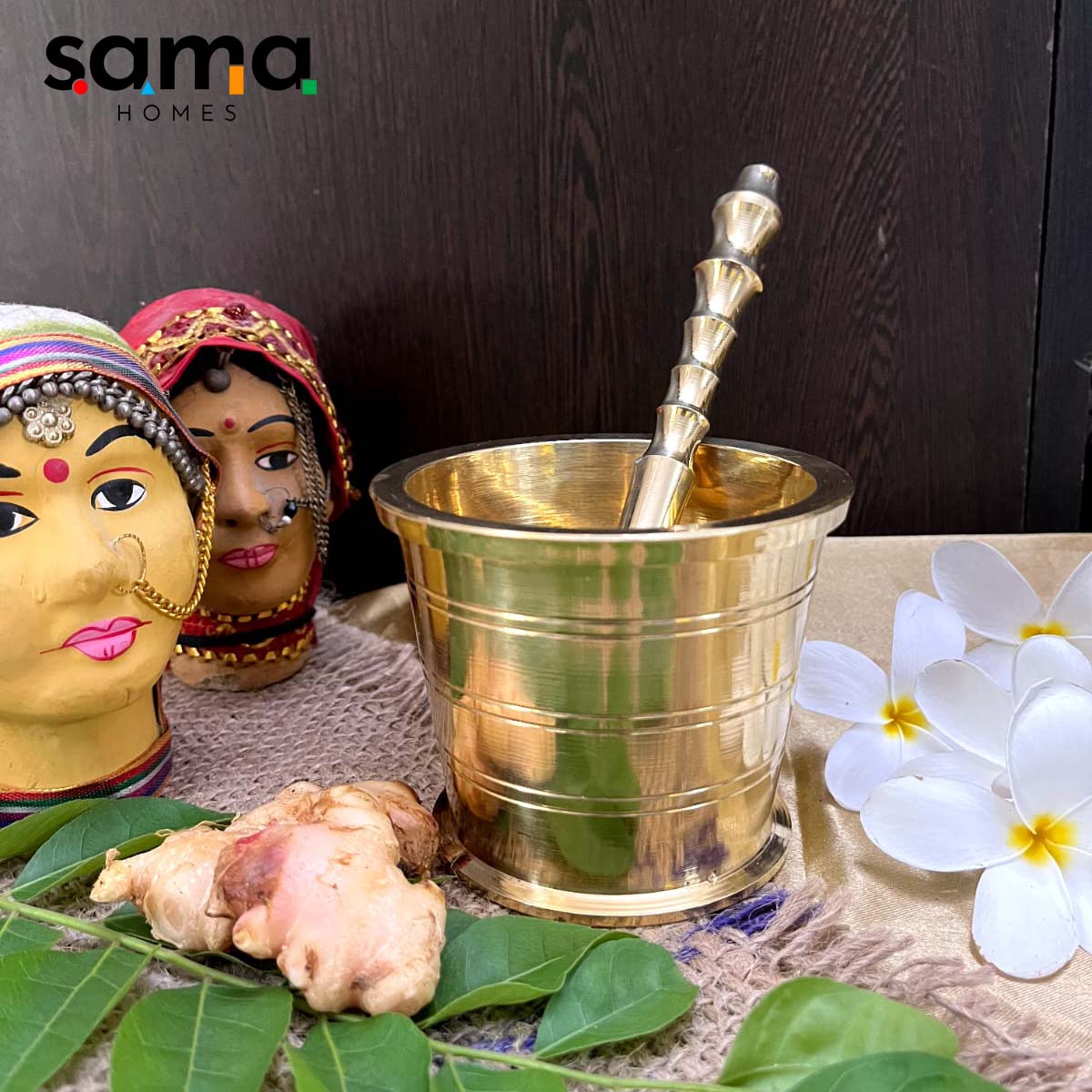 Handcrafted Brass Imam Dasta (Khalbatta) – Traditional Spice Grinder | Ayurvedic, Antique Finish Mortar & Pestle for Kitchen Use - Sama Homes