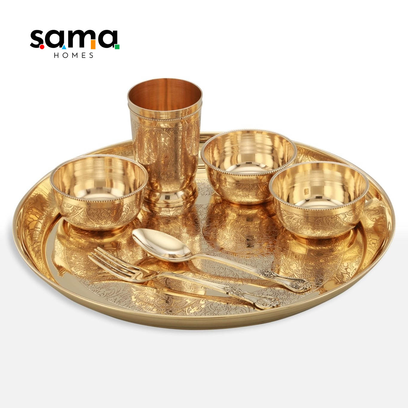 Elegant Brass Dinner Set (Apple Khomcha) – Handcrafted Indian Tableware for Festive Dining - Sama Homes