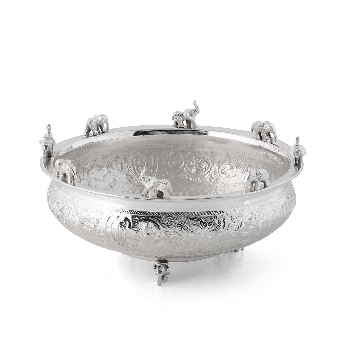 Home Decor | Brass Urli Silver Finish | Elephants Style - Sama Homes
