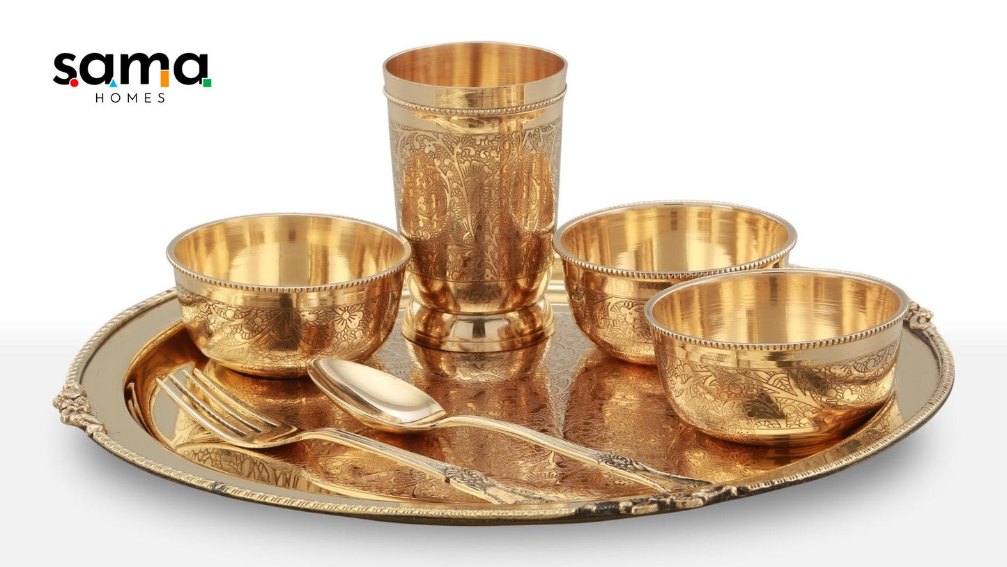 7-Piece Brass Etched Dinner Set | Handcrafted Traditional Tableware for Healthy Living | Eco-Friendly Dining Essentials - Sama Homes