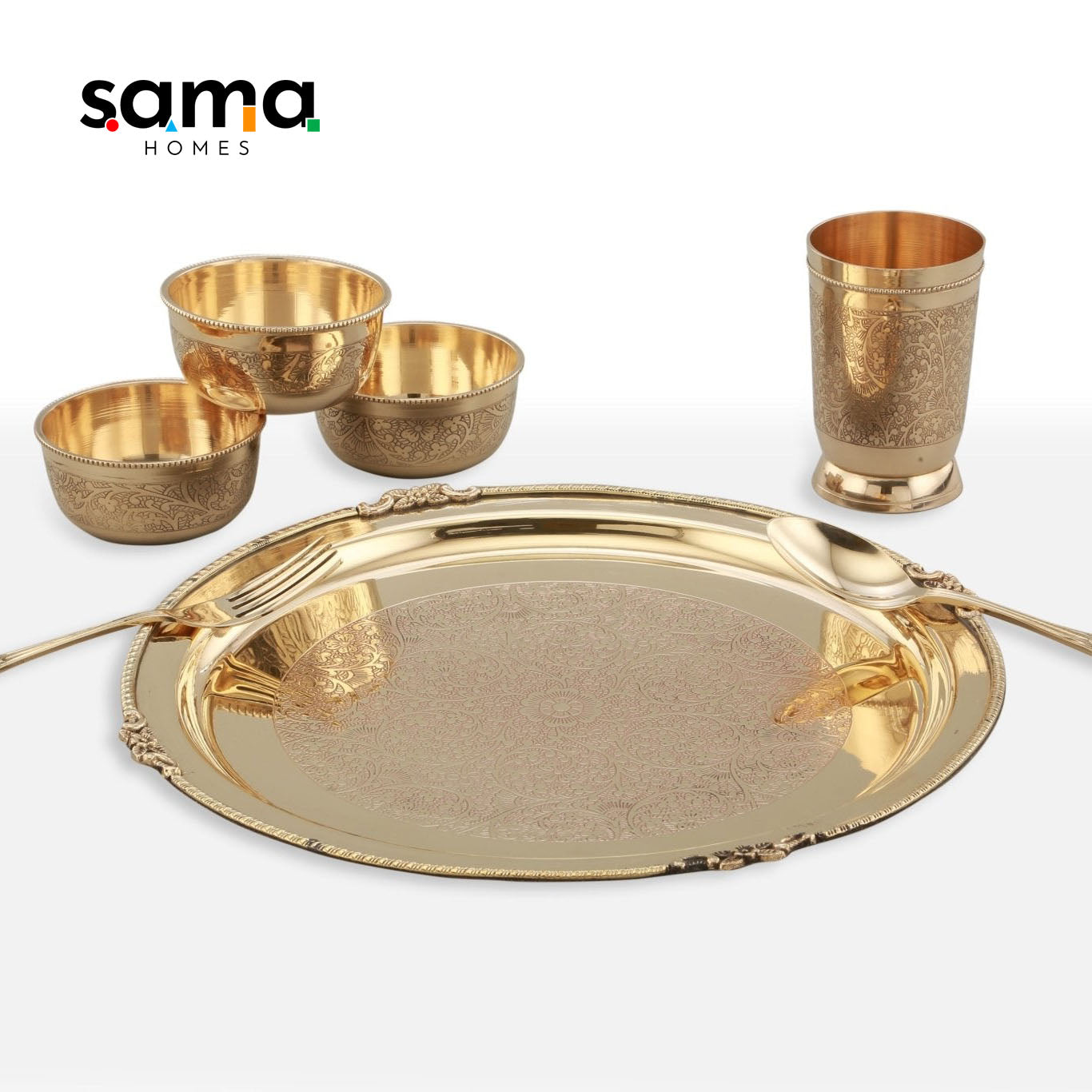 7-Piece Brass Etched Dinner Set | Handcrafted Traditional Tableware for Healthy Living | Eco-Friendly Dining Essentials - Sama Homes